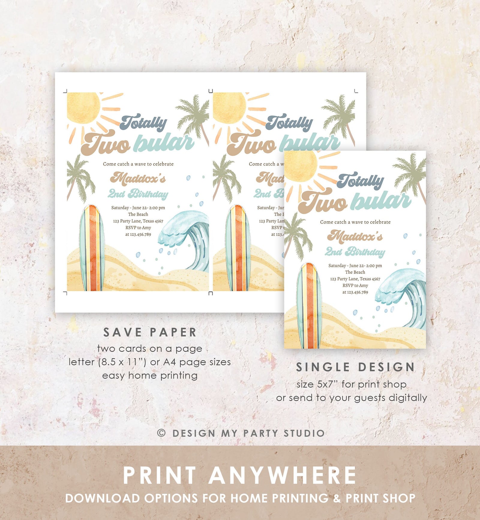 Editable Totally Two-Bular Surf 2nd Birthday Invitation Retro Surfboard Beach Party Wave Surfer Boho Download Template Corjl Digital 0433