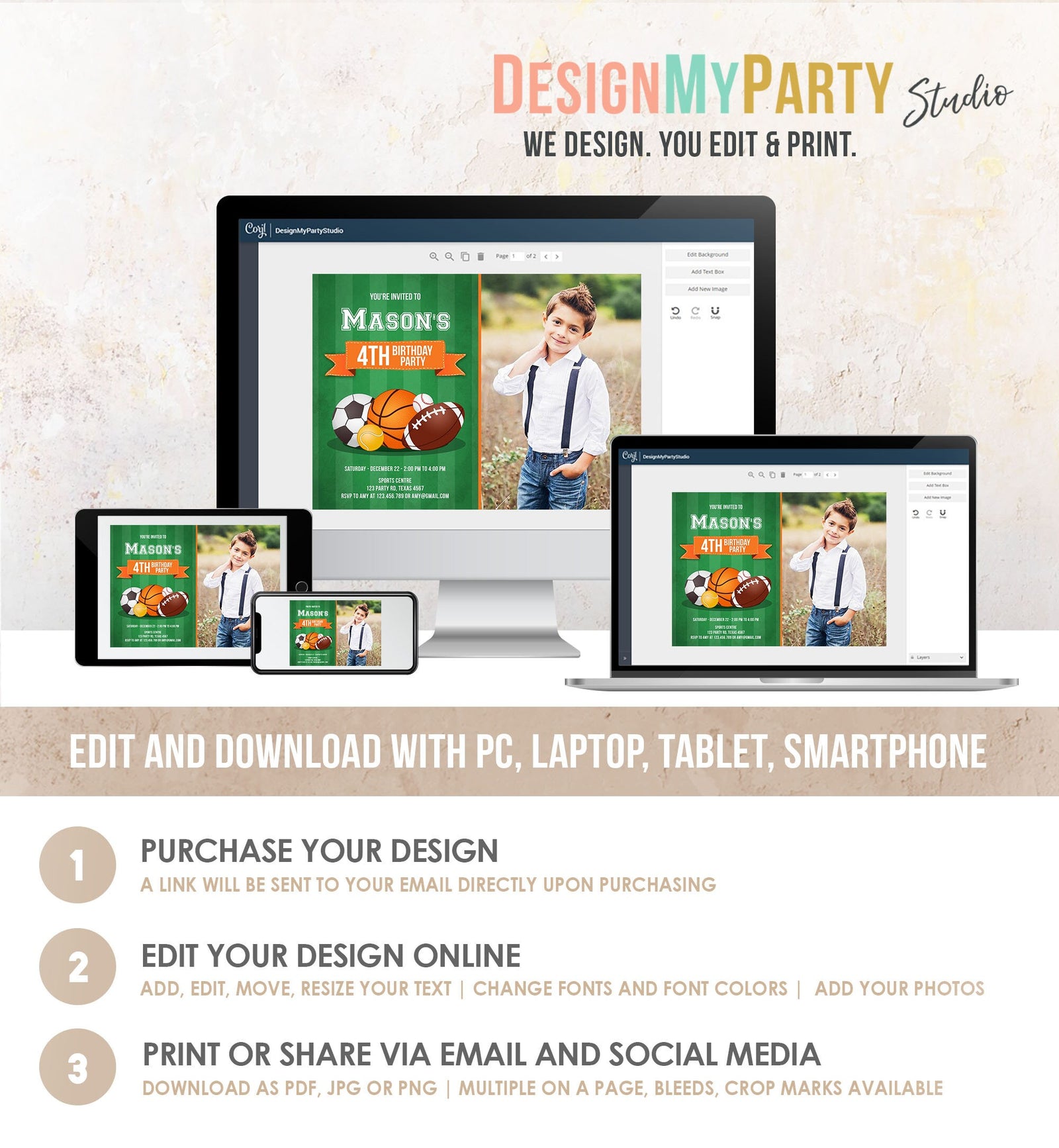 Editable Sports Birthday Invitation Boy Birthday Party Sport Football Baseball Basketball Soccer Tennis Corjl Template Printable 0137