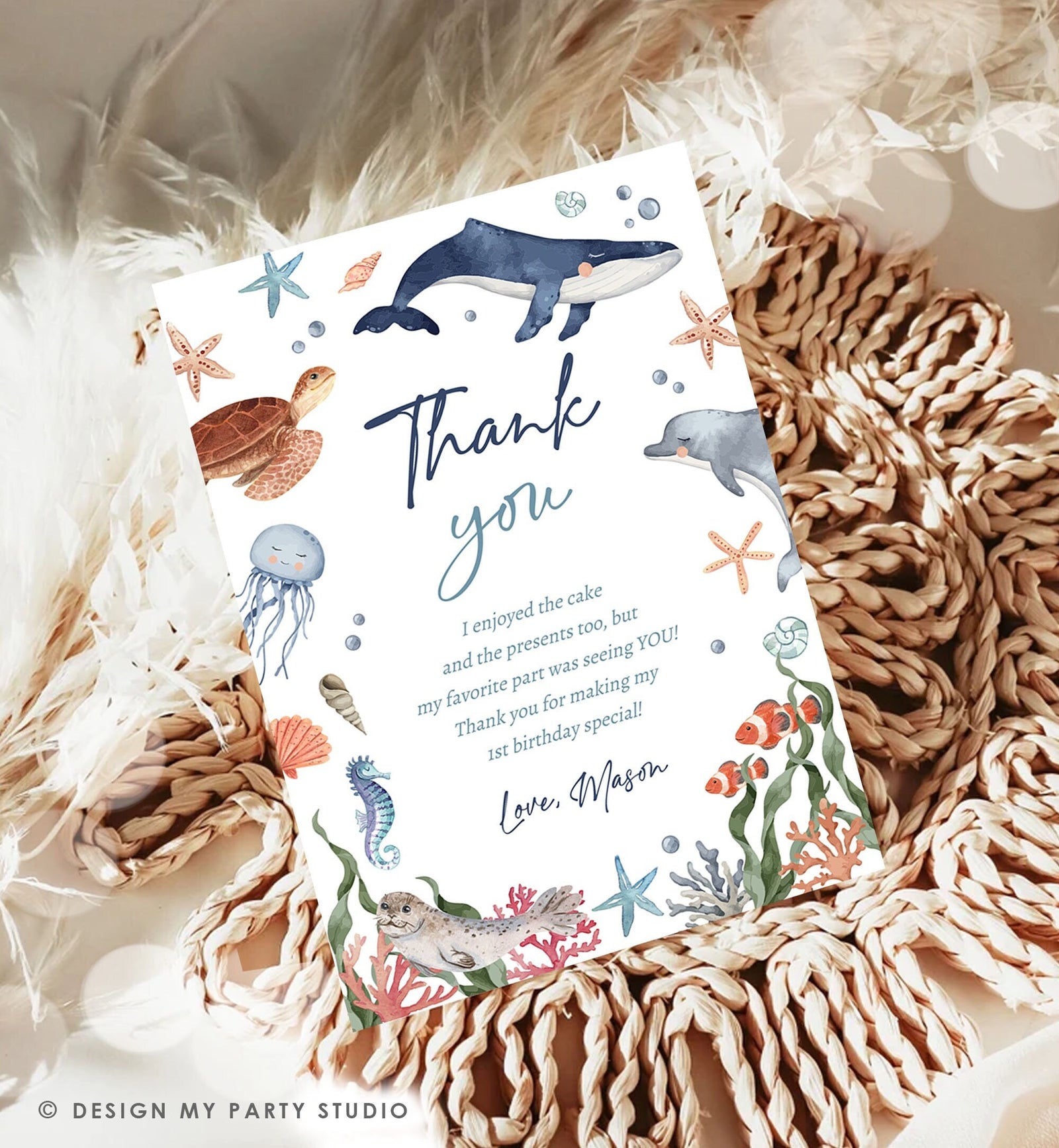 Editable Under the Sea Thank You Card Sea Ocean Animals Life Birthday Thank You Note Whale Turtle Dolphin Digital Template Printable 0504