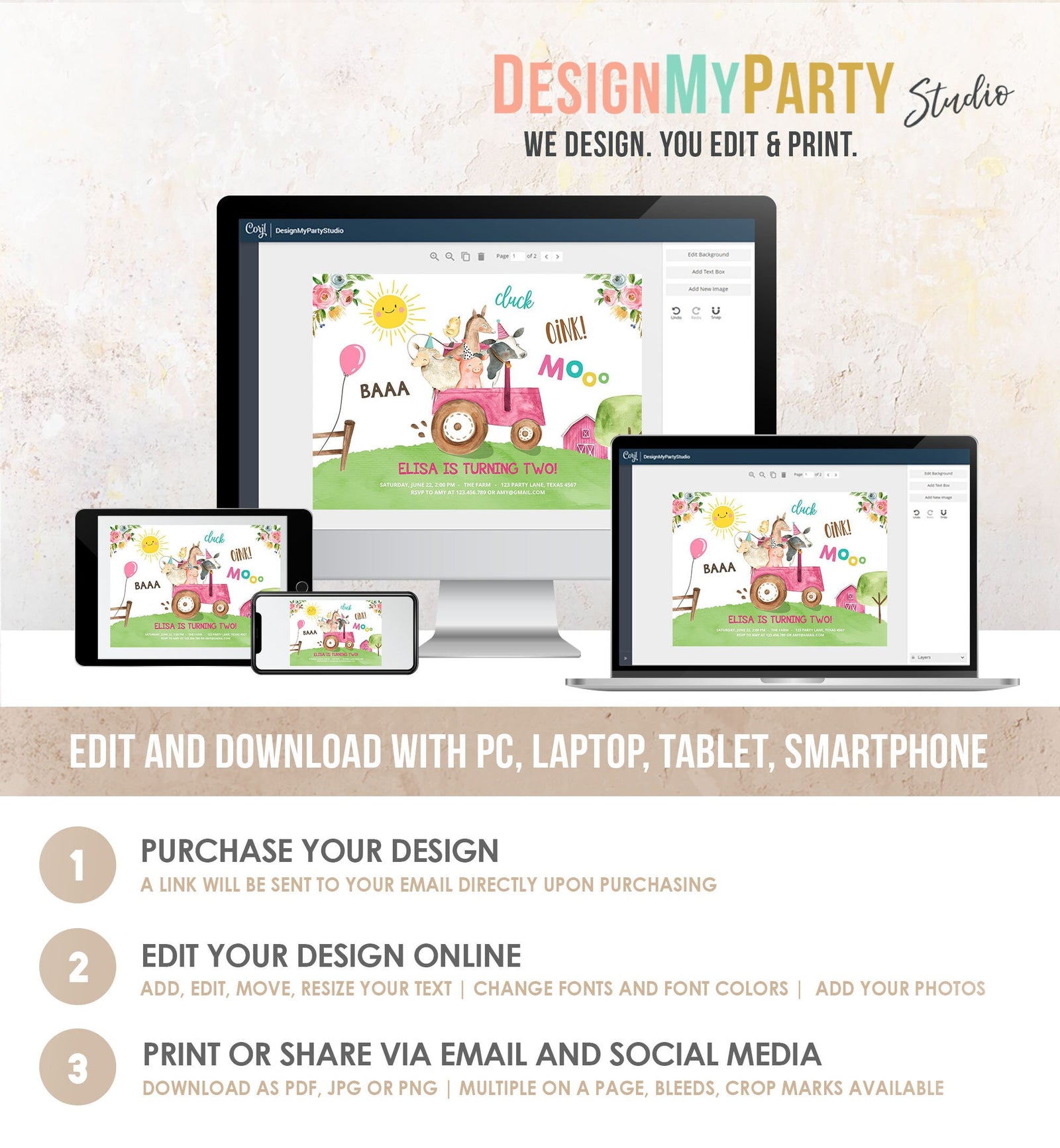 Editable Farm Birthday Invitation Girl Farm Animals Pink Tractor Barnyard Party Tractor Digital Download Evite Template Printable 0155