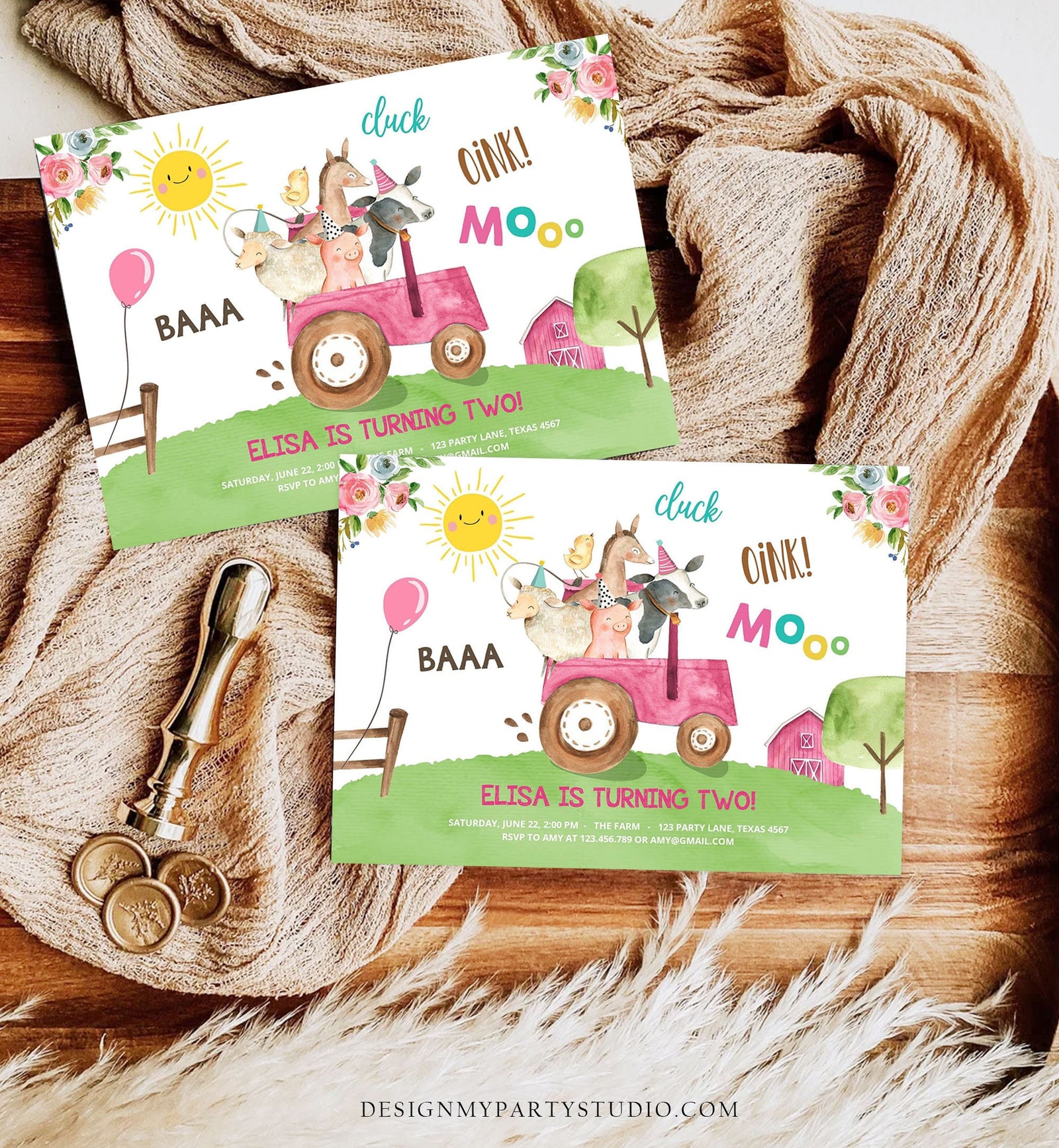 Editable Farm Birthday Invitation Girl Farm Animals Pink Tractor Barnyard Party Tractor Digital Download Evite Template Printable 0155
