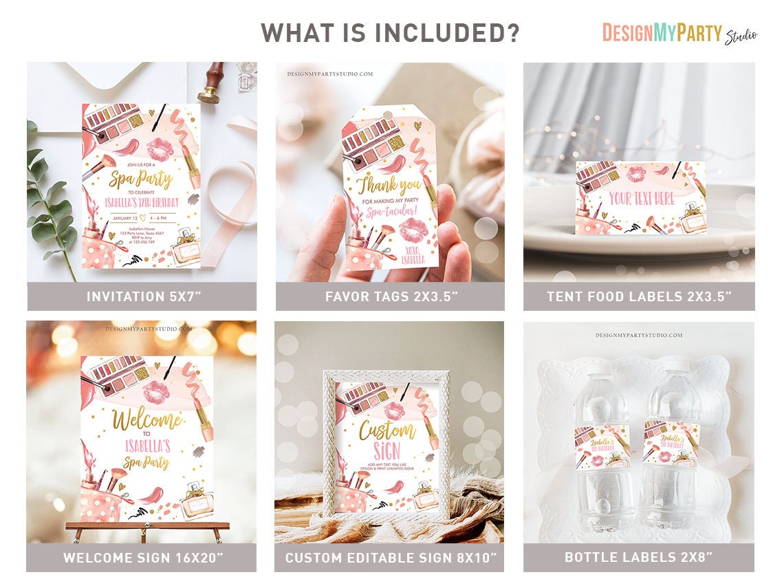 Spa Party Birthday Invitation Bundle Glitters and Glamour Make Up Fashion Birthday Party Girl Kit Package Digital Template Printable 0420