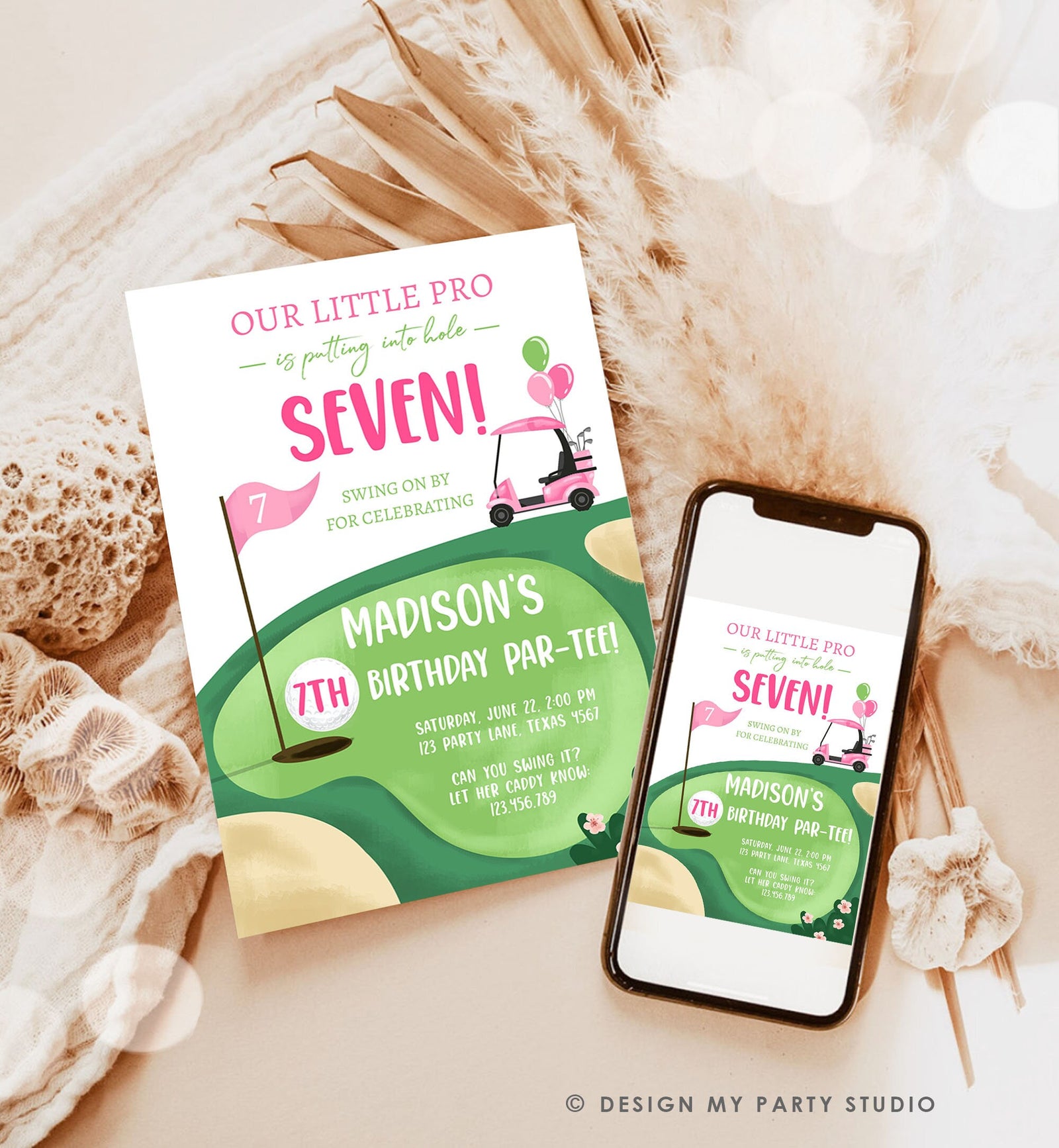 Editable Little Golf Pro Birthday Invitation Par-tee Swinging By ANY AGE Girl Cart Golfing Digital Download Evite Template Printable 0405