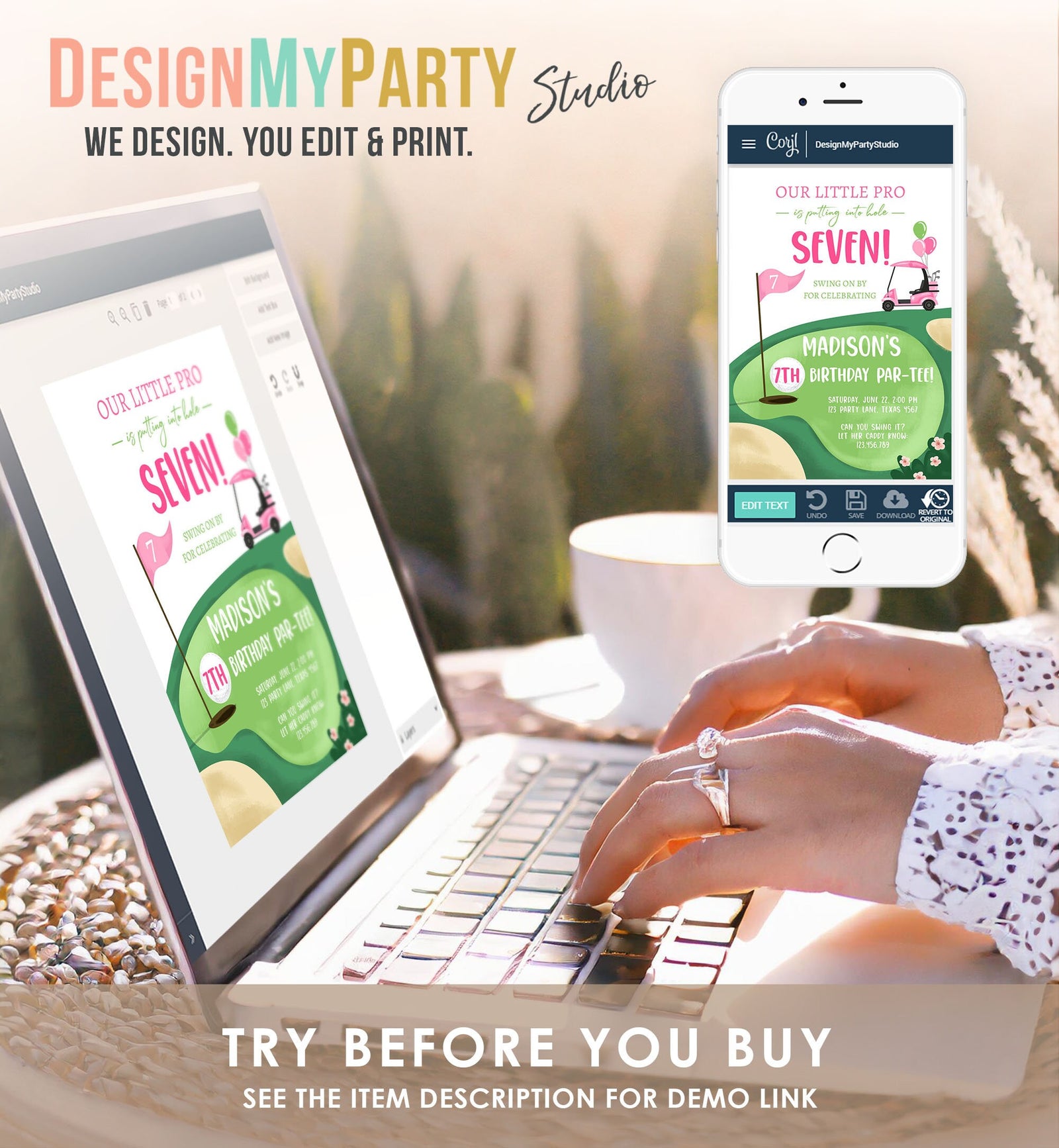 Editable Little Golf Pro Birthday Invitation Par-tee Swinging By ANY AGE Girl Cart Golfing Digital Download Evite Template Printable 0405