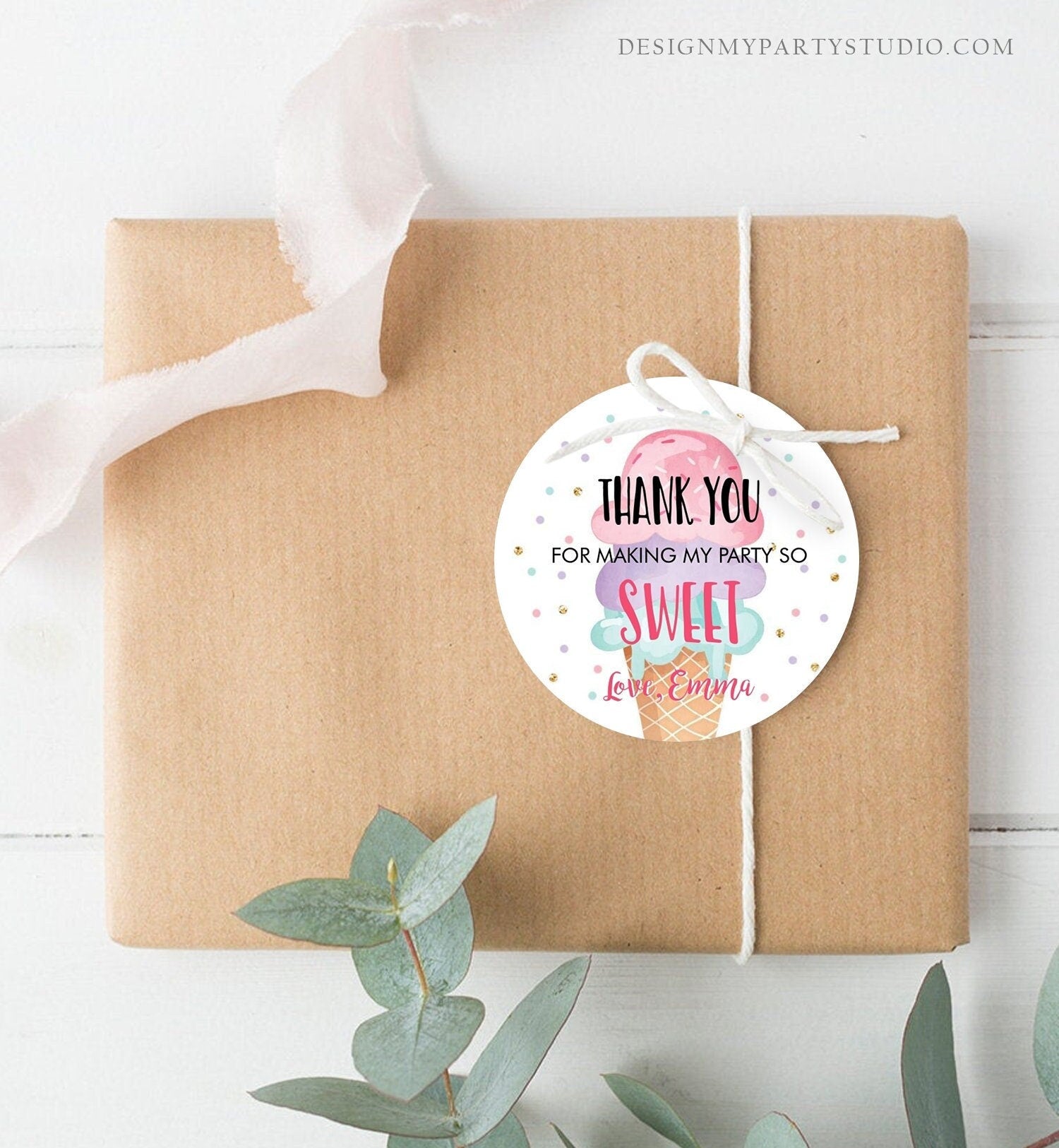 Editable Ice Cream Thank You Tag Round Ice Cream Stickers Girl Birthday Pink Ice Cream Sweet Favor Tag Corjl Template Printable 0243