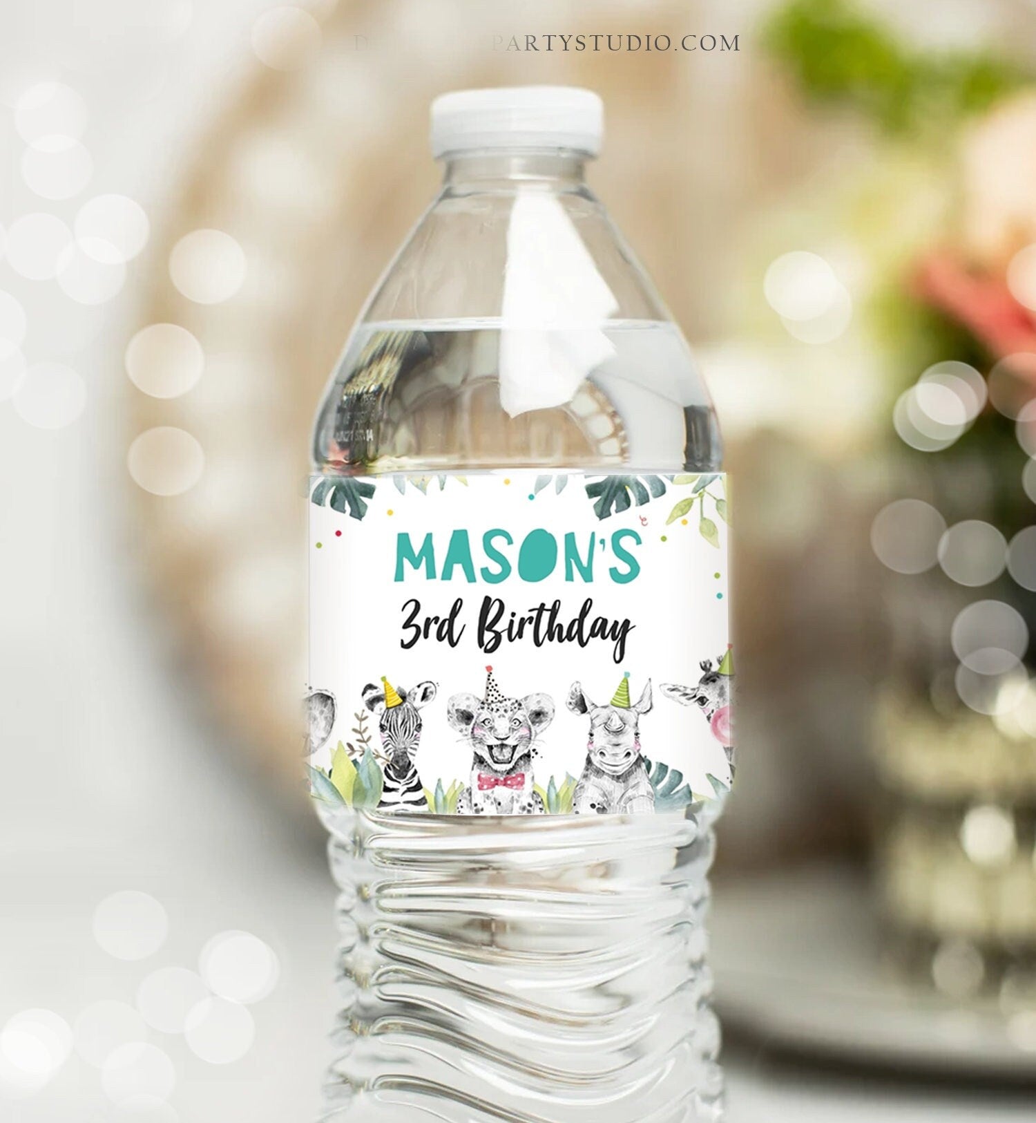 Editable Water Bottle Labels Party Animals Birthday Wild One Birthday Decor Safari Animals Zoo Printable Bottle Wrappers Template 0322