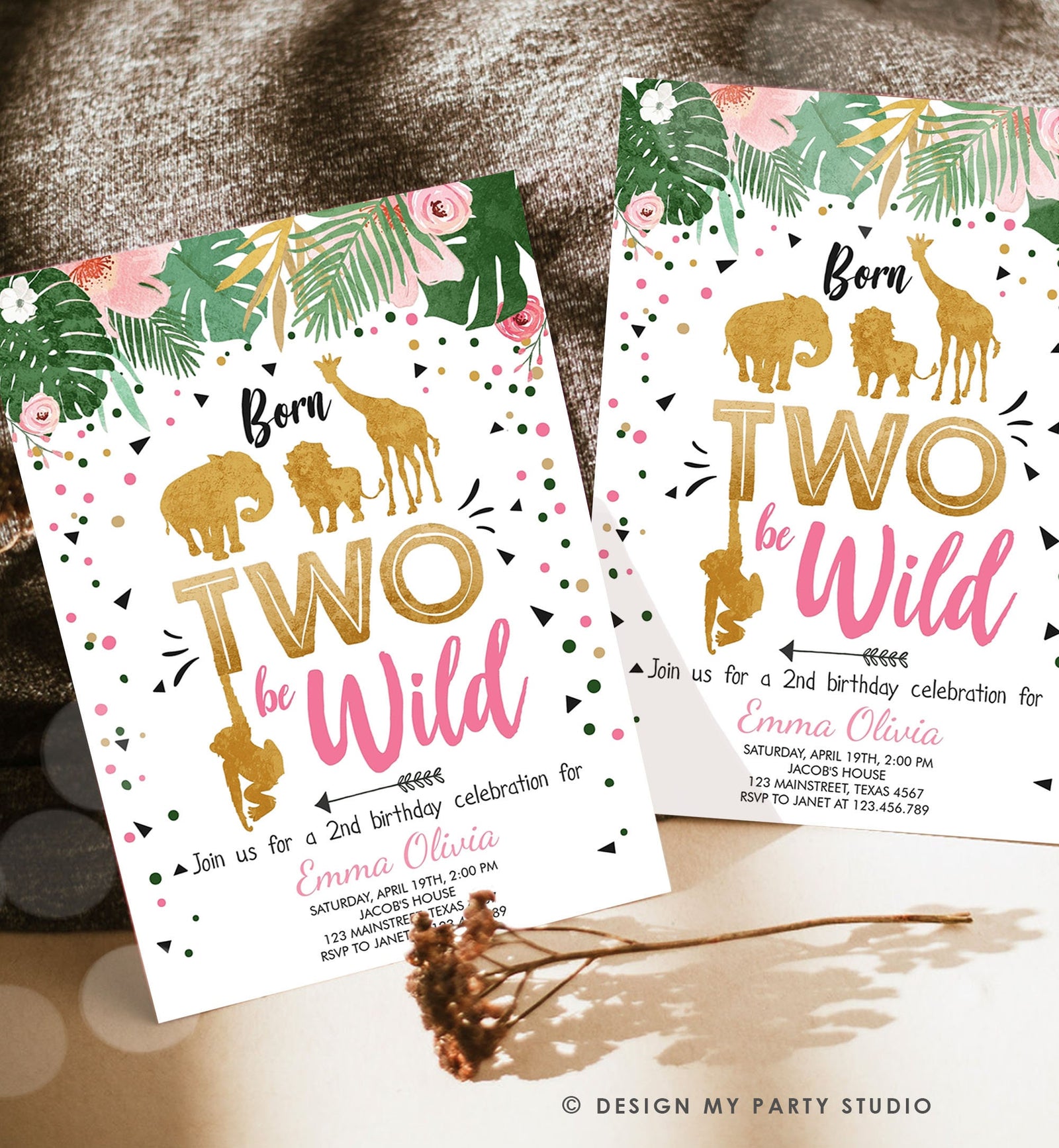 Editable Born Two Be Wild Birthday Invitation Girl Animals Jungle Safari Pink Gold 2nd Birthday Digital Download Template Printable 0016