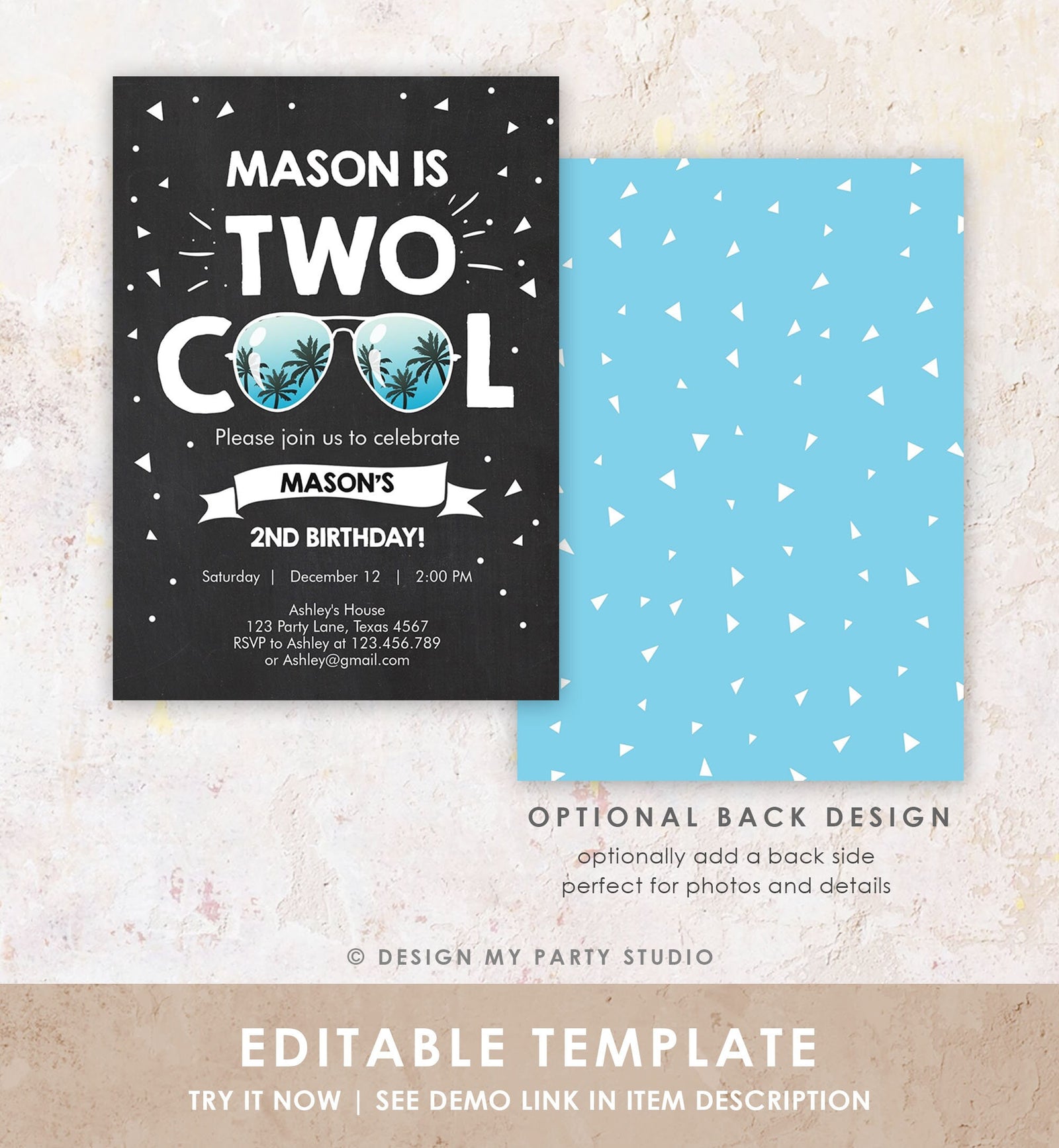 Editable Two Cool Birthday Invitation Boy Second Birthday Party 2nd I'm this Many Two Cool Digital Download Evite Template Printable 0136