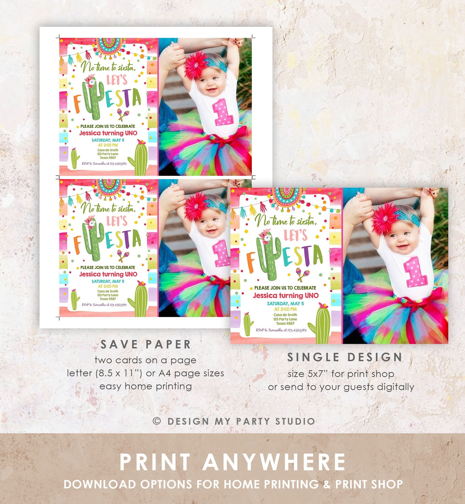 Editable Let's Fiesta Birthday Invitation Cactus Succulent First Birthday Party Girl 1st Mexican Uno Digigtal Evite Template Printable 0134