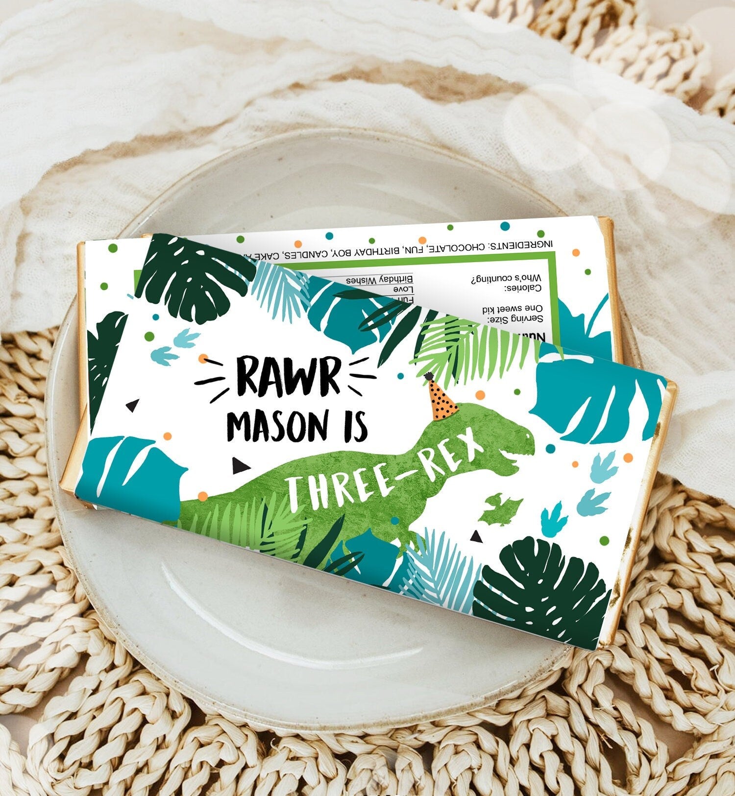 Editable Dinosaur Chocolate Bar Labels Candy Bar Wrapper Three Rex Birthday Blue Green T-Rex Dino Digital Download Template Printable 0389