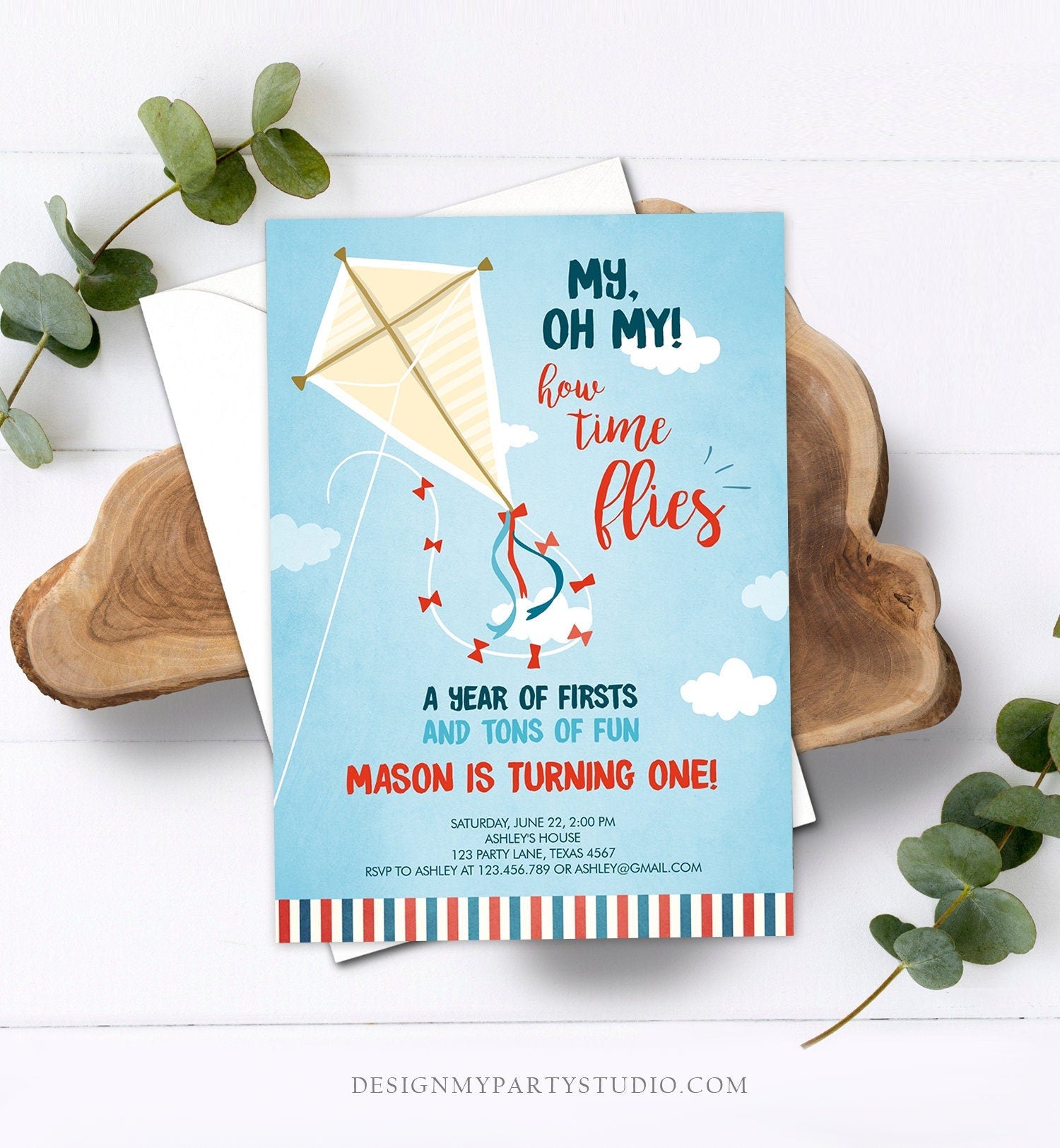 Editable Kite Birthday Invitation Oh My Time Flies First Birthday Boy 1st Birthday Summer Download Printable Digital EviteTemplate 0316