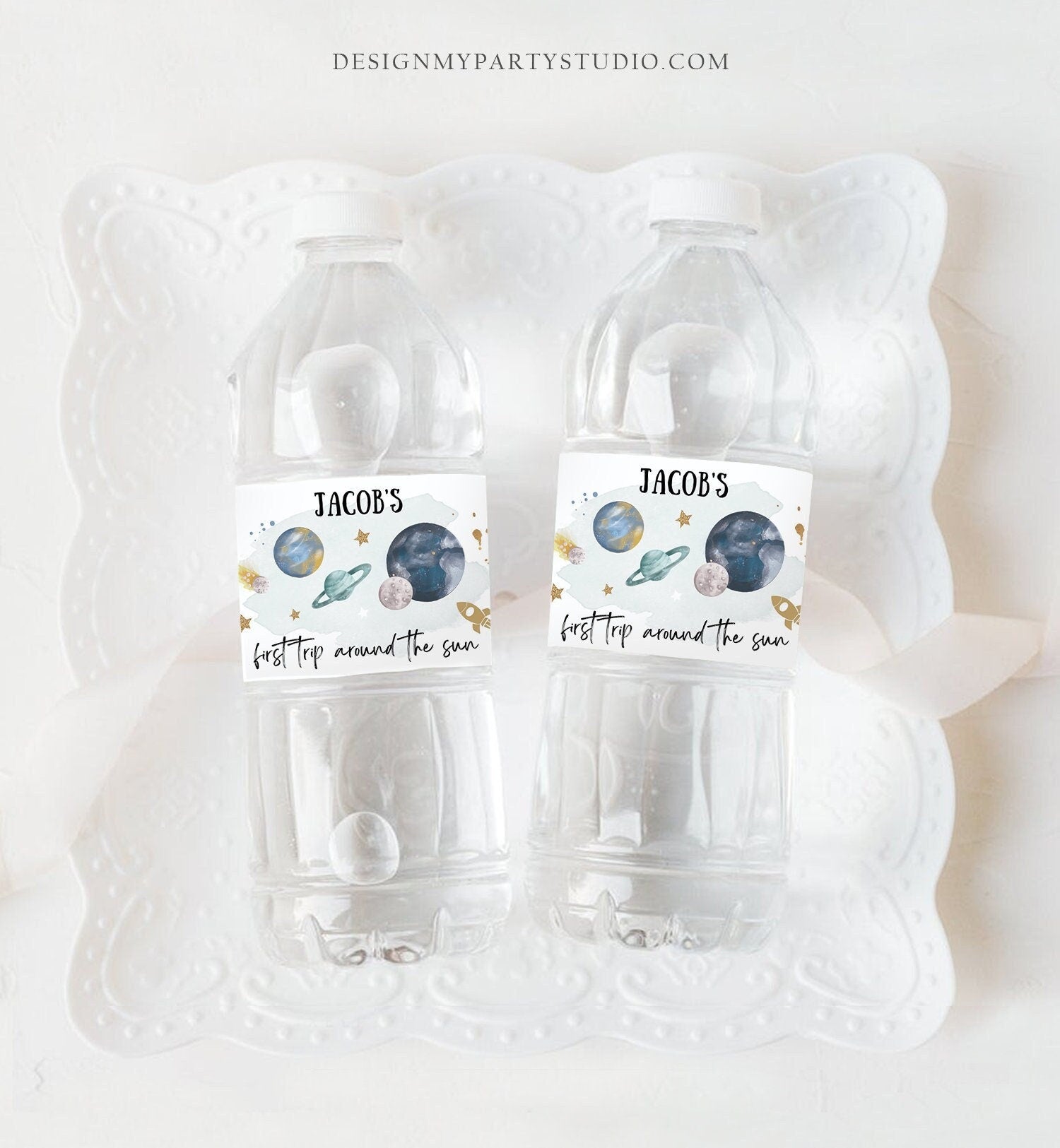 Editable Outer Space Birthday Water Bottle Labels Galaxy Party Decor Astronaut Trip Around the Sun Planets Printable Digital Template 0357