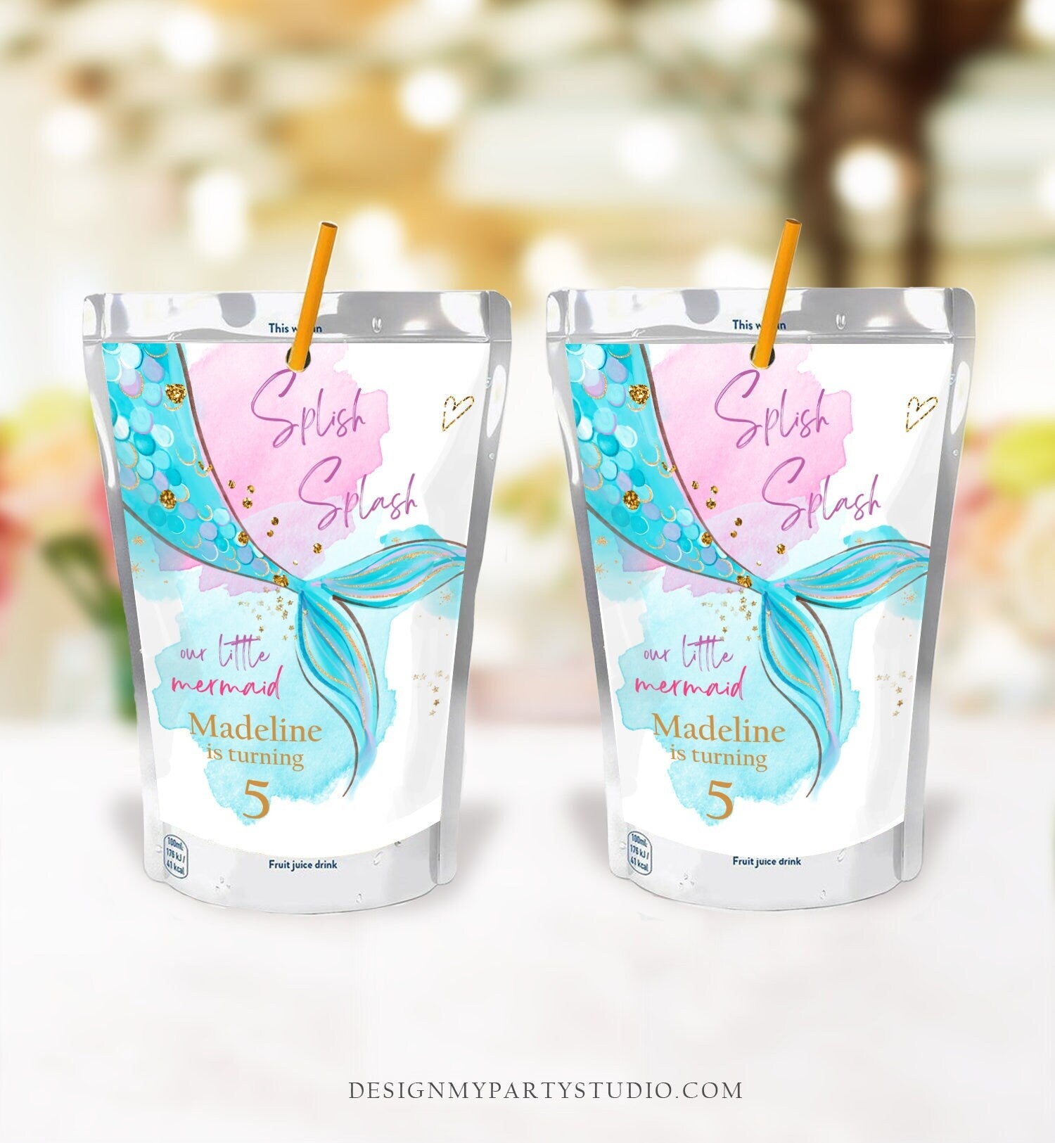 Editable Mermaid Juice Pouch Label Juice Favors Mermaid Birthday Party Girl Pink Blue Teal Under The Sea Digital Template Printable 0403