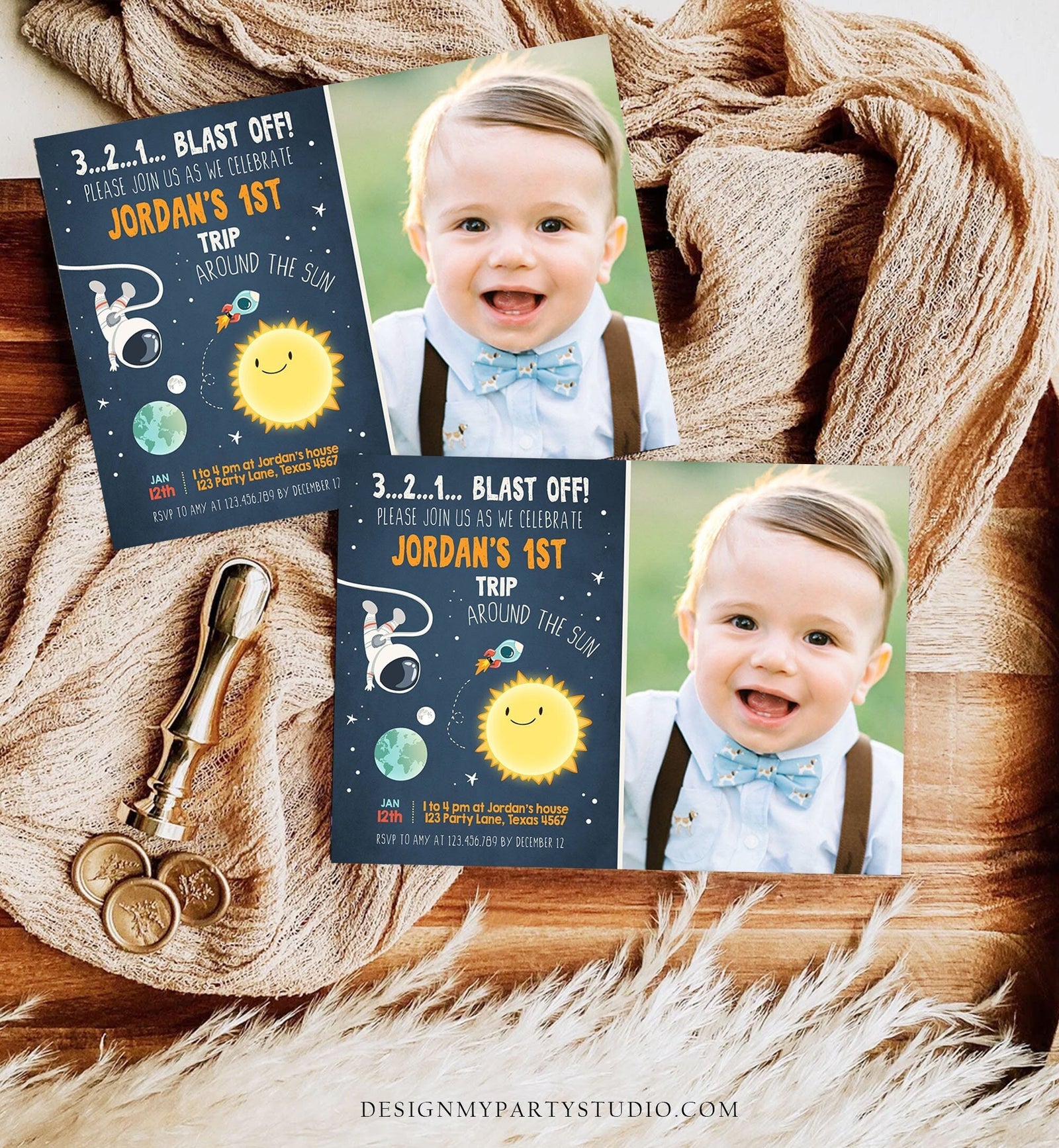 Editable Outer Space Birthday Invitation Rocket Astronaut Birthday First Trip Blast Off Digital Download Evite Template Printable 0046