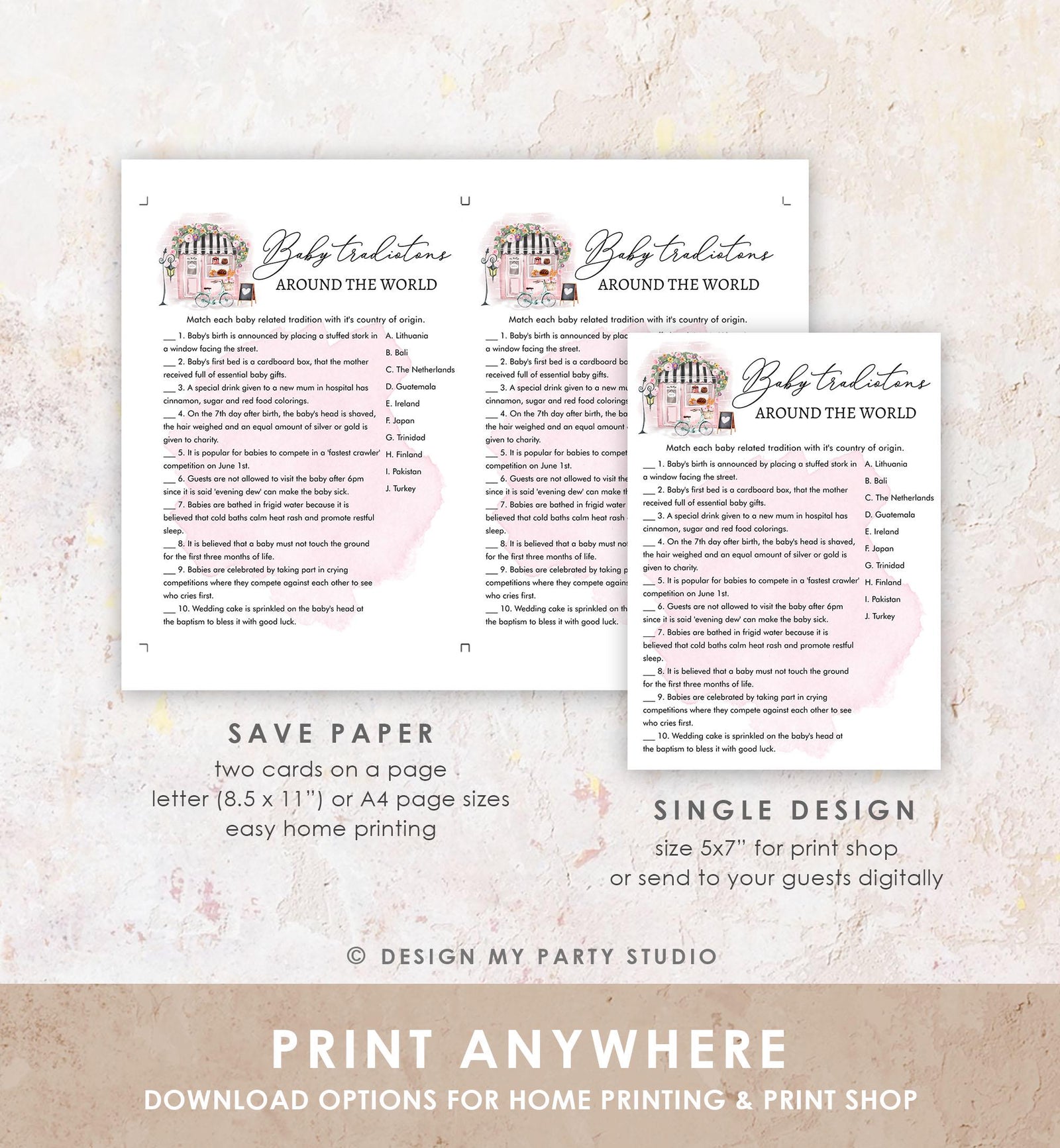 Editable Baby Traditions Around the World Game Paris Baby Shower Game Bonjour Bebe French Patisserie Download Template Printable 0441