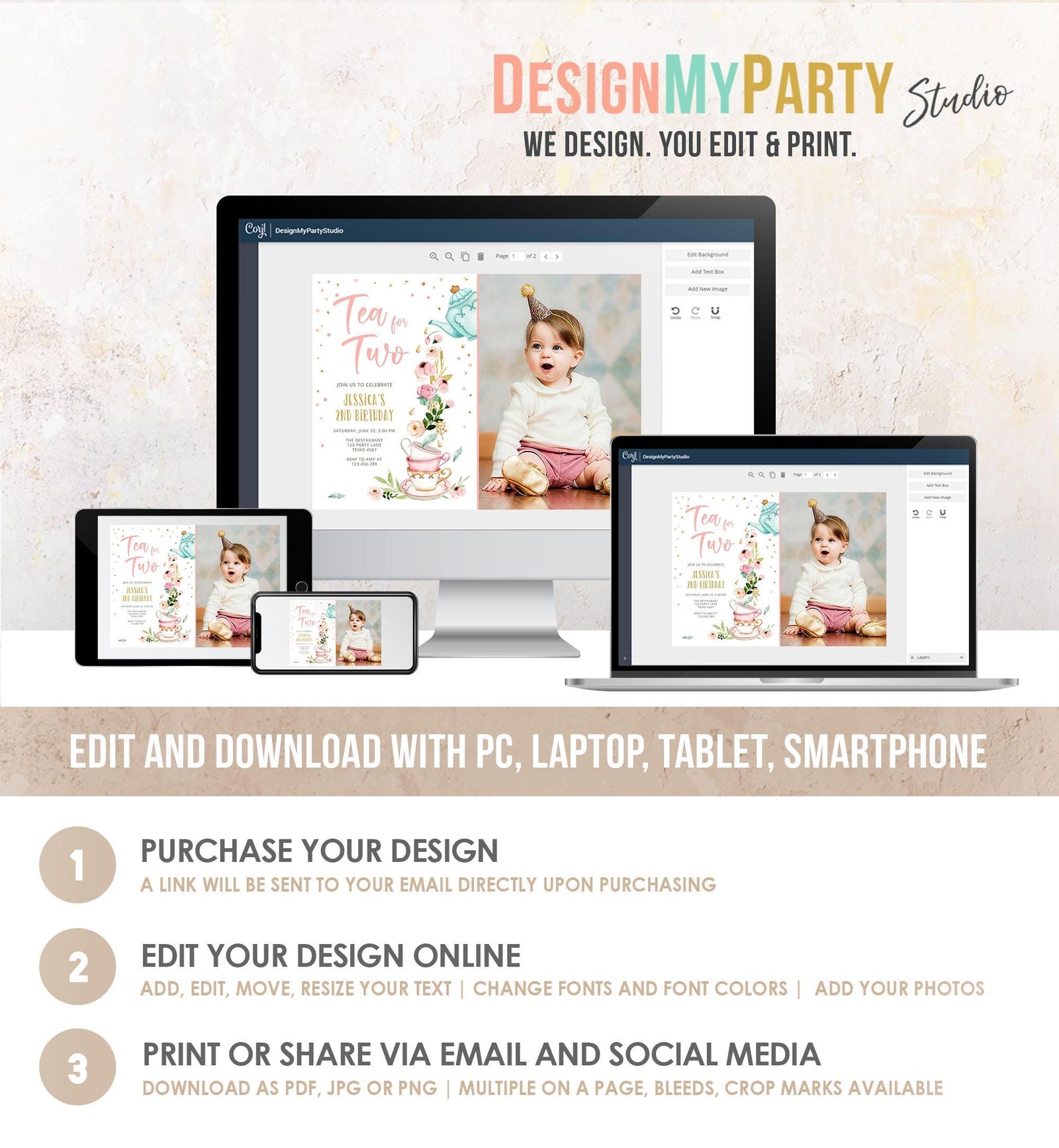 Editable Tea for Two Birthday Invitation Girl Tea Party Invite Pink Gold Floral Peach Pink Download Printable Template Digital Evite 0349