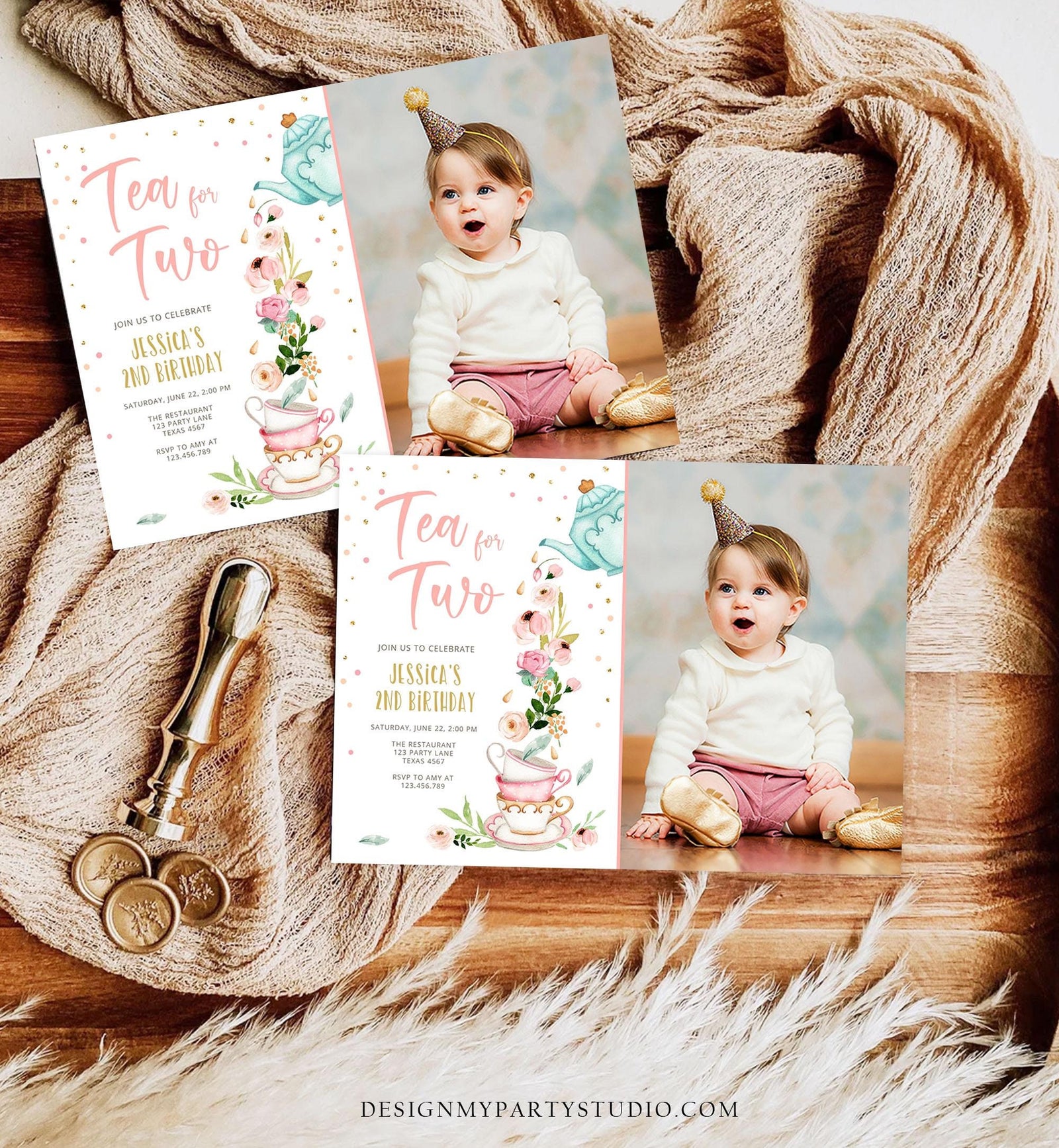 Editable Tea for Two Birthday Invitation Girl Tea Party Invite Pink Gold Floral Peach Pink Download Printable Template Digital Evite 0349