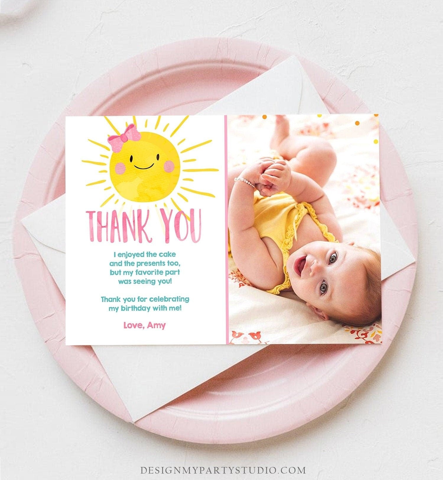 Editable Little Sunshine Thank You Card Birthday Party Pink Girl Bow Baby Shower First Birthday Digital Download Template Printable 0141