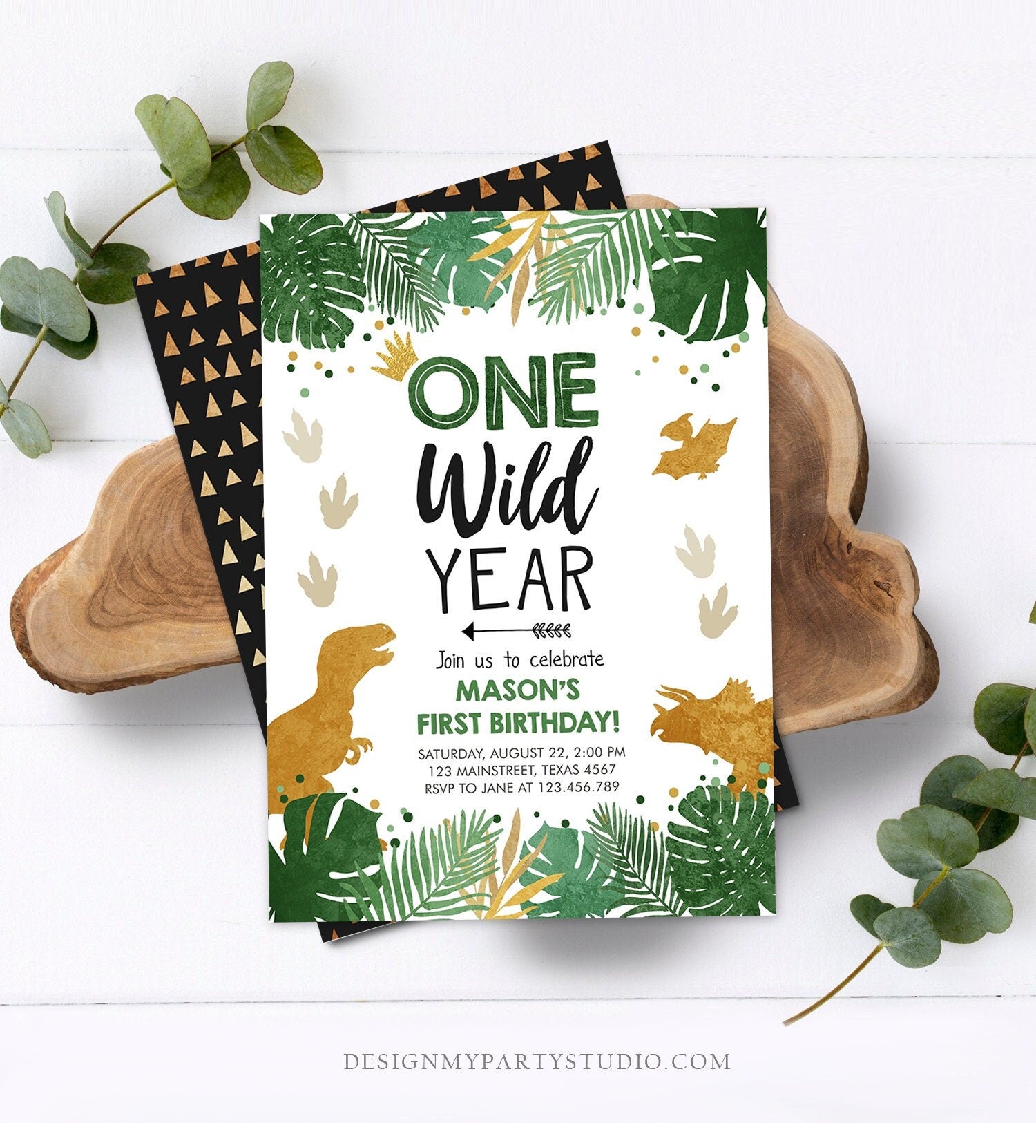 Editable One Wild Year Dinosaur Birthday Invitation T-Rex Dino Party Boy First Birthday Wild One Prehistoric Digital Template Printable 0146