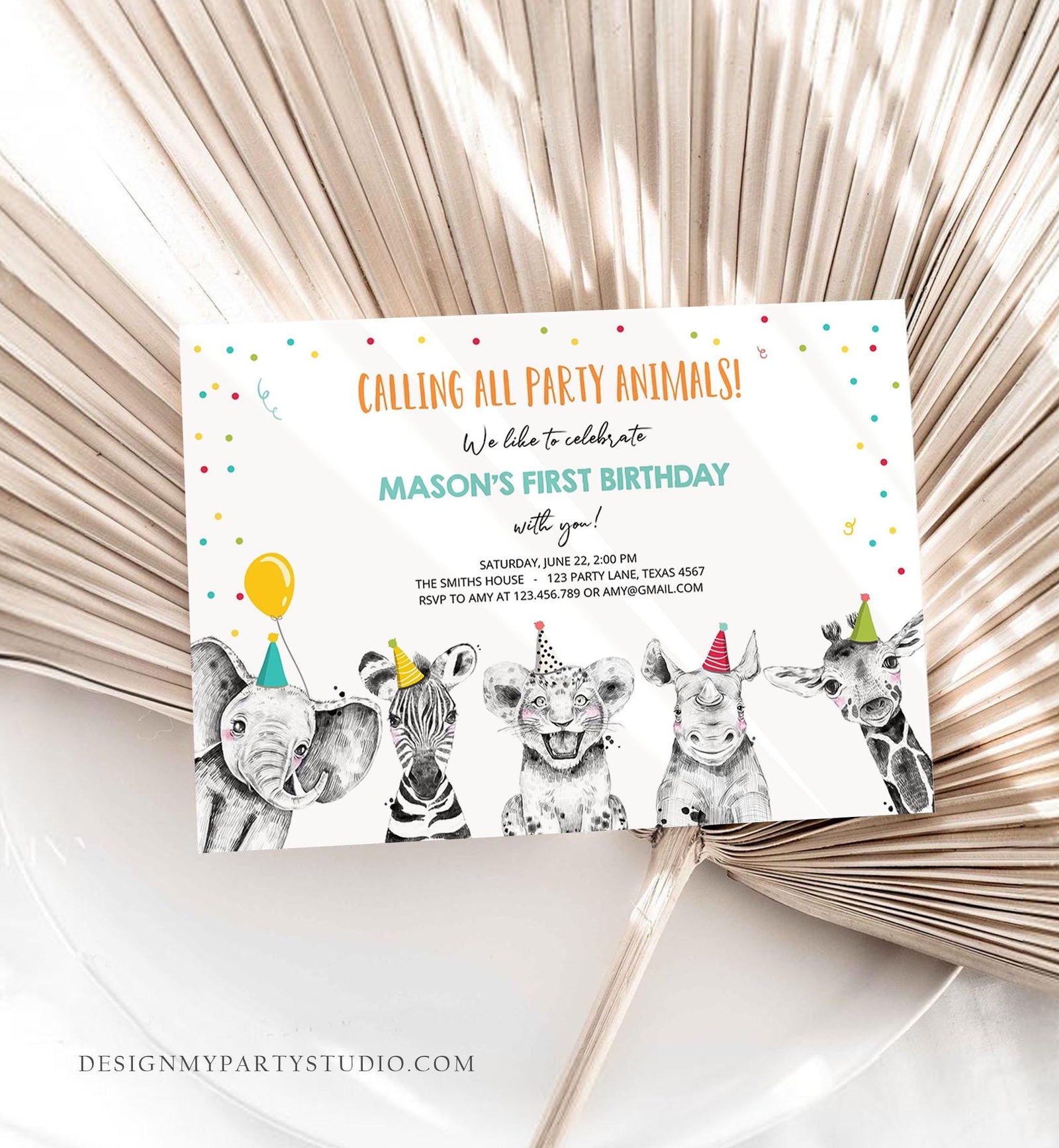 Editable Party Animals Birthday Invitation Wild One Animals Invitation Zoo Safari Animals Boy Instant Download Printable Evite Template 0390
