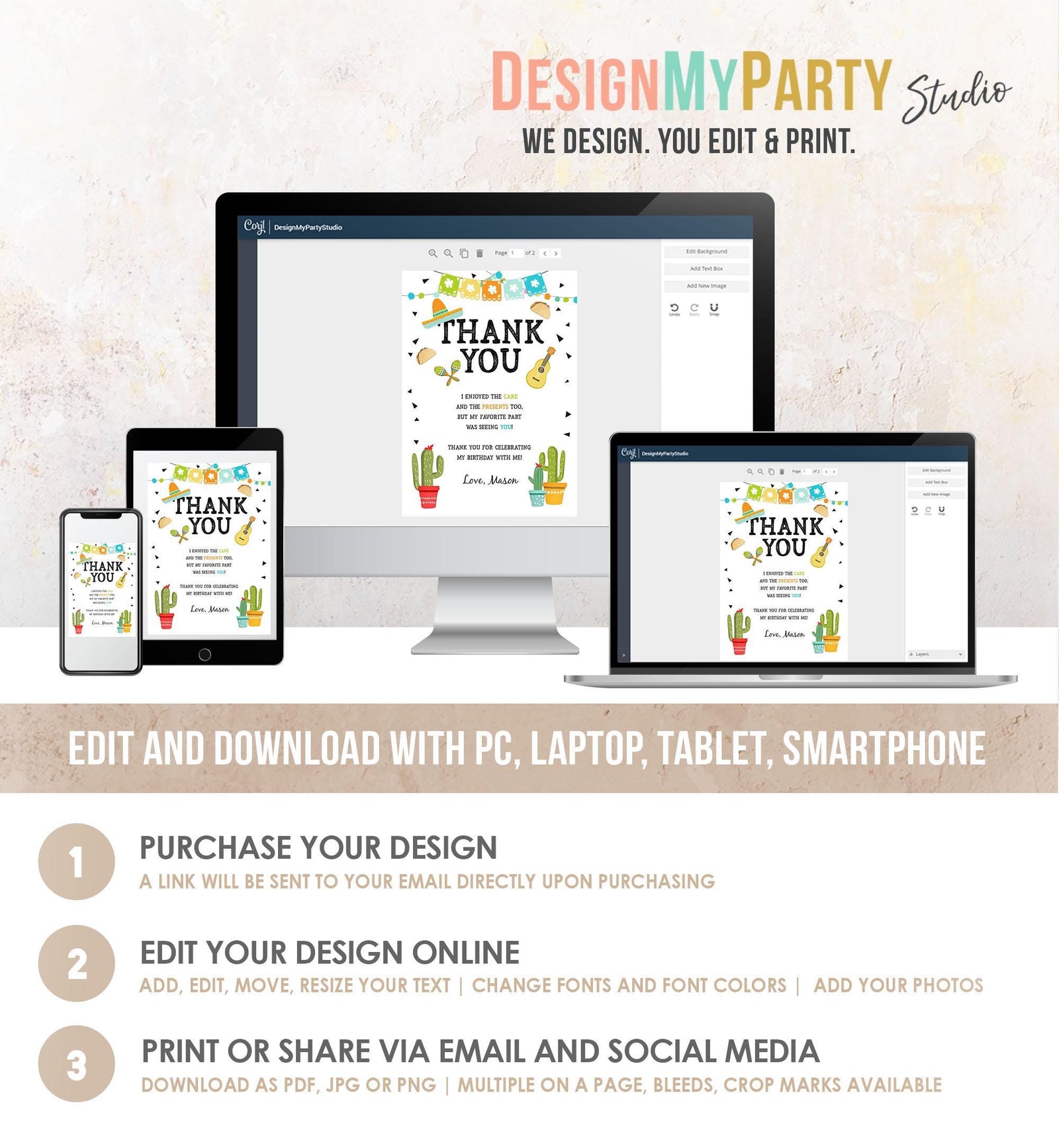 Editable Fiesta Thank You Card Birthday Taco Bout Bridal Shower Baby Cactus Succulent Mexican First Fiesta Digital Template Printable 0161