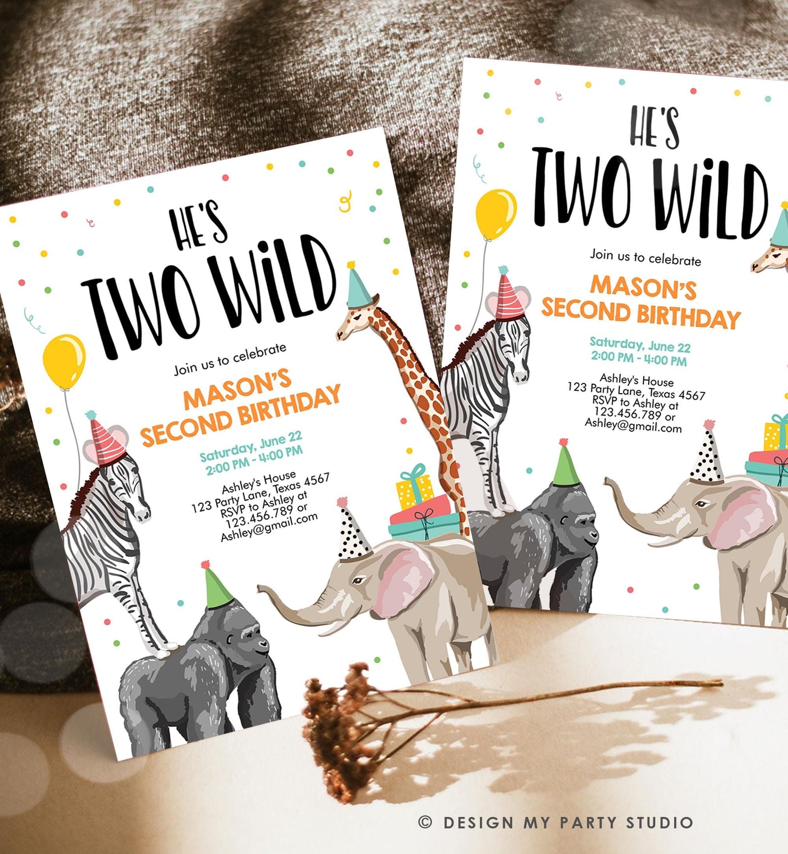 Editable Two Wild Birthday Invitation Safari Animals Party Jungle Zoo Animals Boy Party Animals Download Printable Evite Template 0142