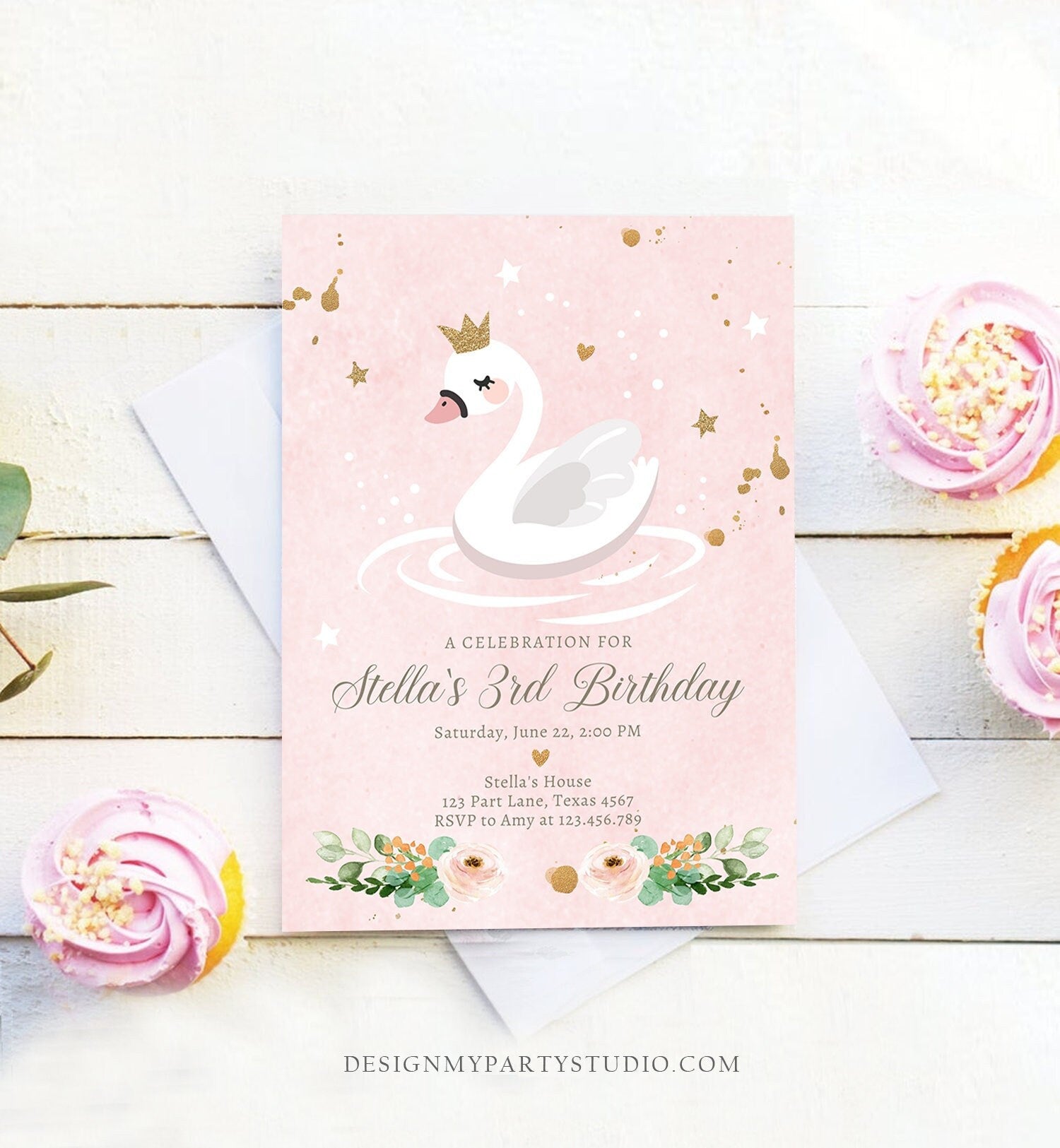 Editable Swan Birthday Invitation Girl Swan Princess Birthday Invite Pink Gold 1st 2nd 3rd Download Printable Template Digital Evite 0382