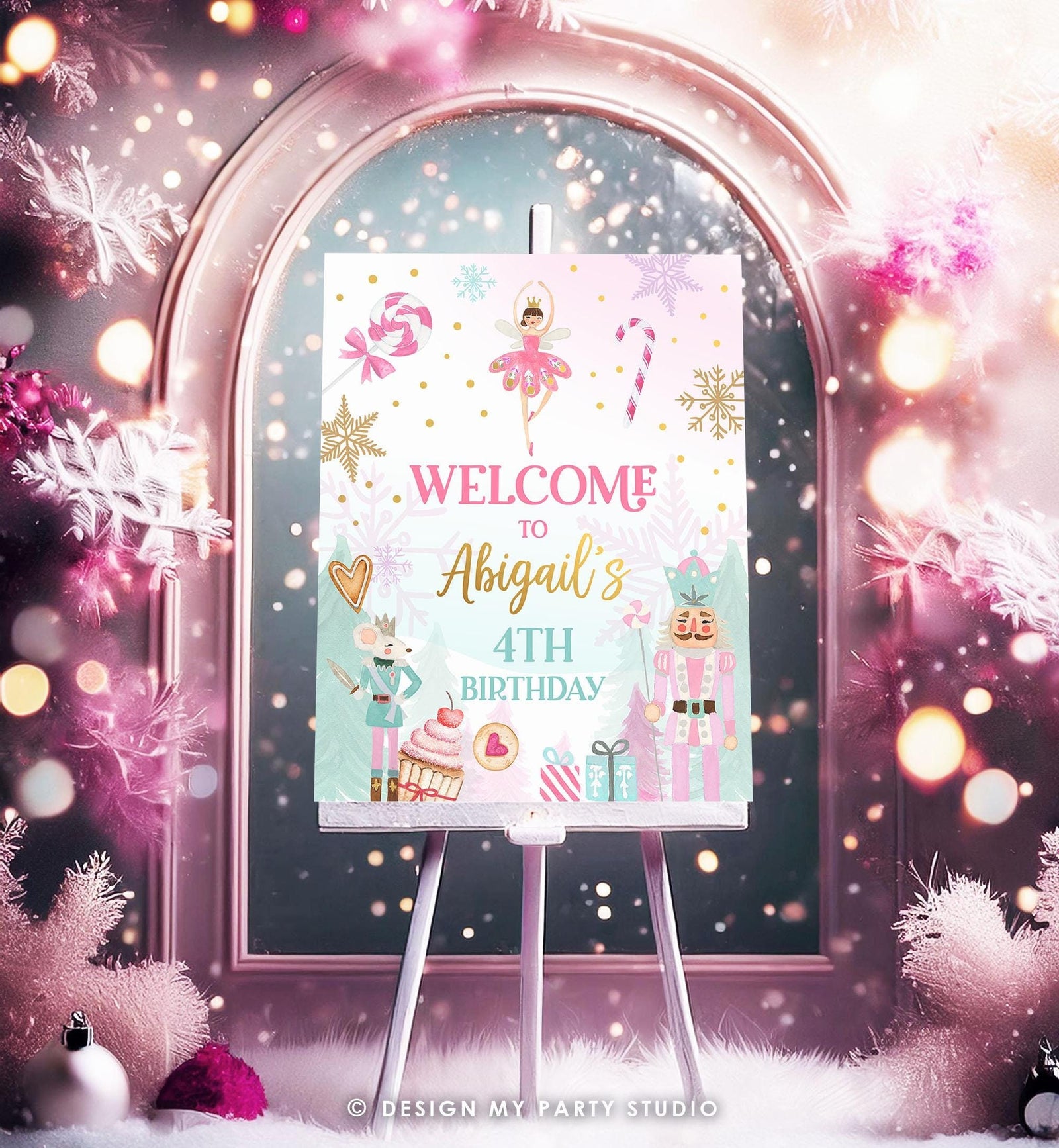 Editable Nutcracker Birthday Welcome Sign Winter Birthday Girl Land of Sweets Christmas Holiday Pink Gold Digital Template Printable 0352