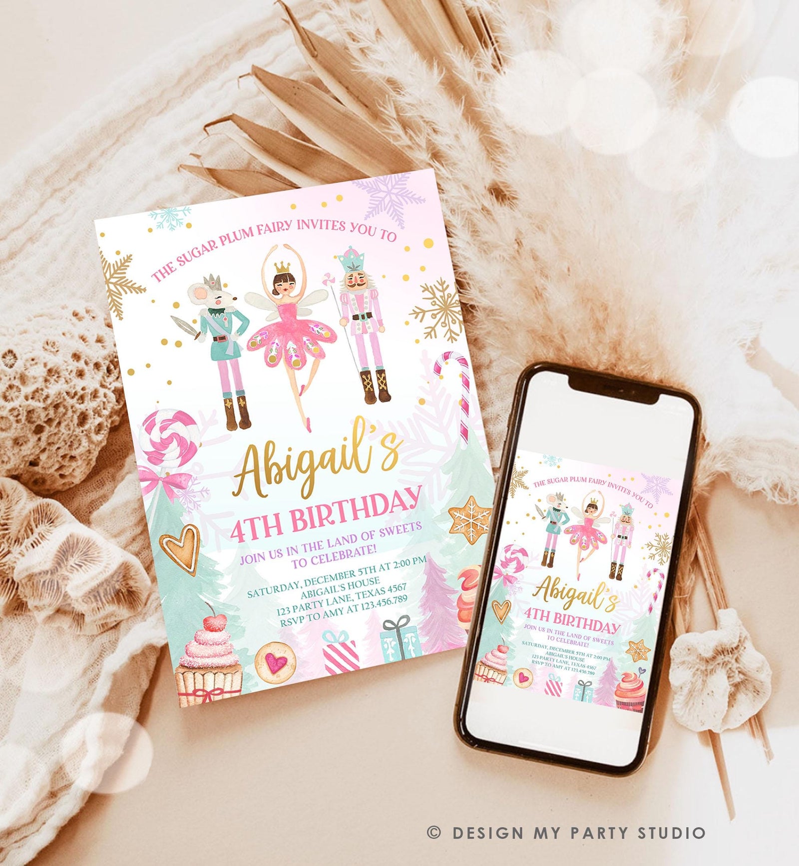 Editable Nutcracker Birthday Invitation Girl Land of Sweets Winter Gold Girl Sugar Plum Fairy Digital Download Evite Template Printable 0352