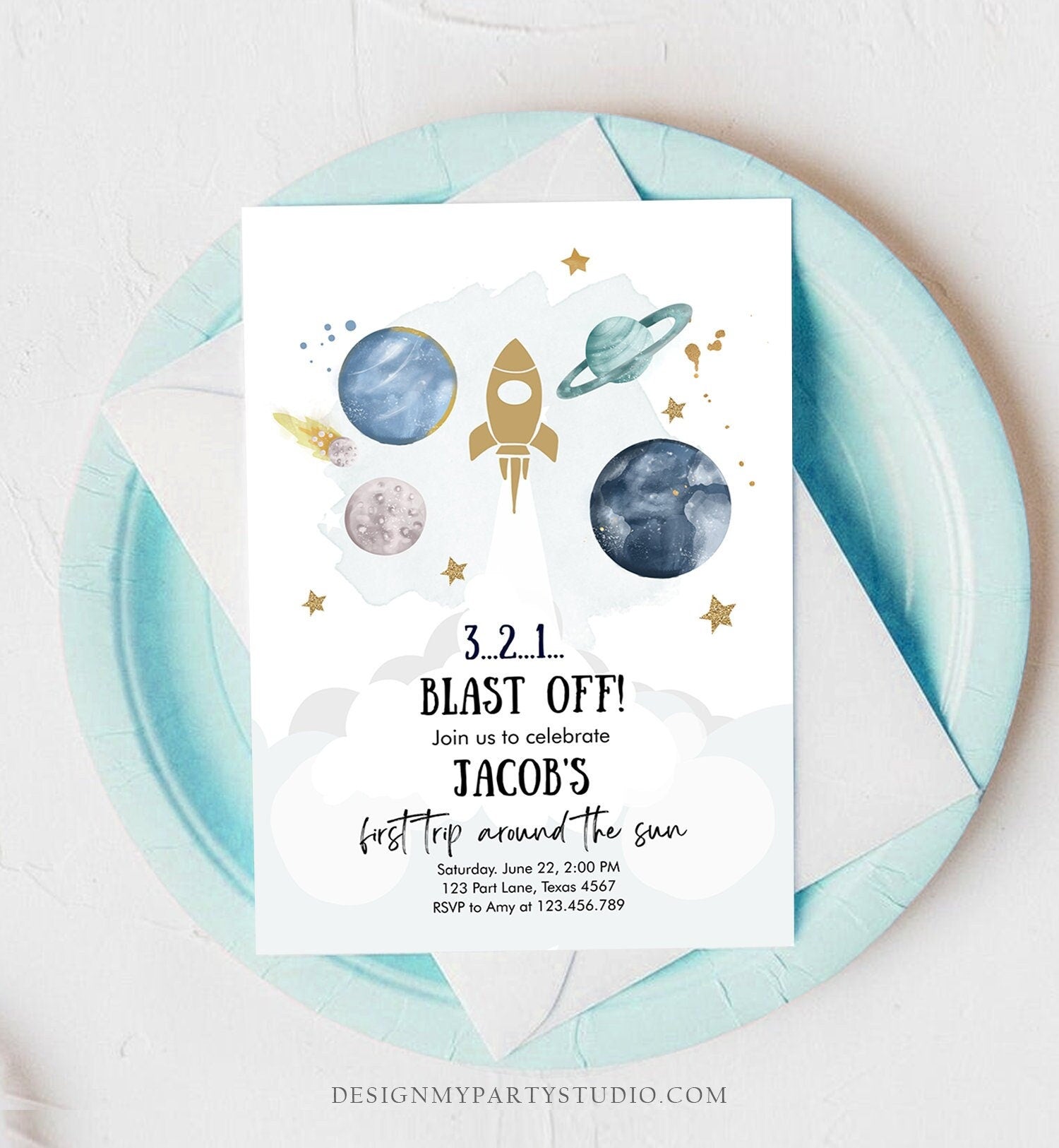 Editable Outer Space First Birthday Invitation Galaxy Blast Off First Trip Around the Sun Digital Download Evite Template Printable 0357
