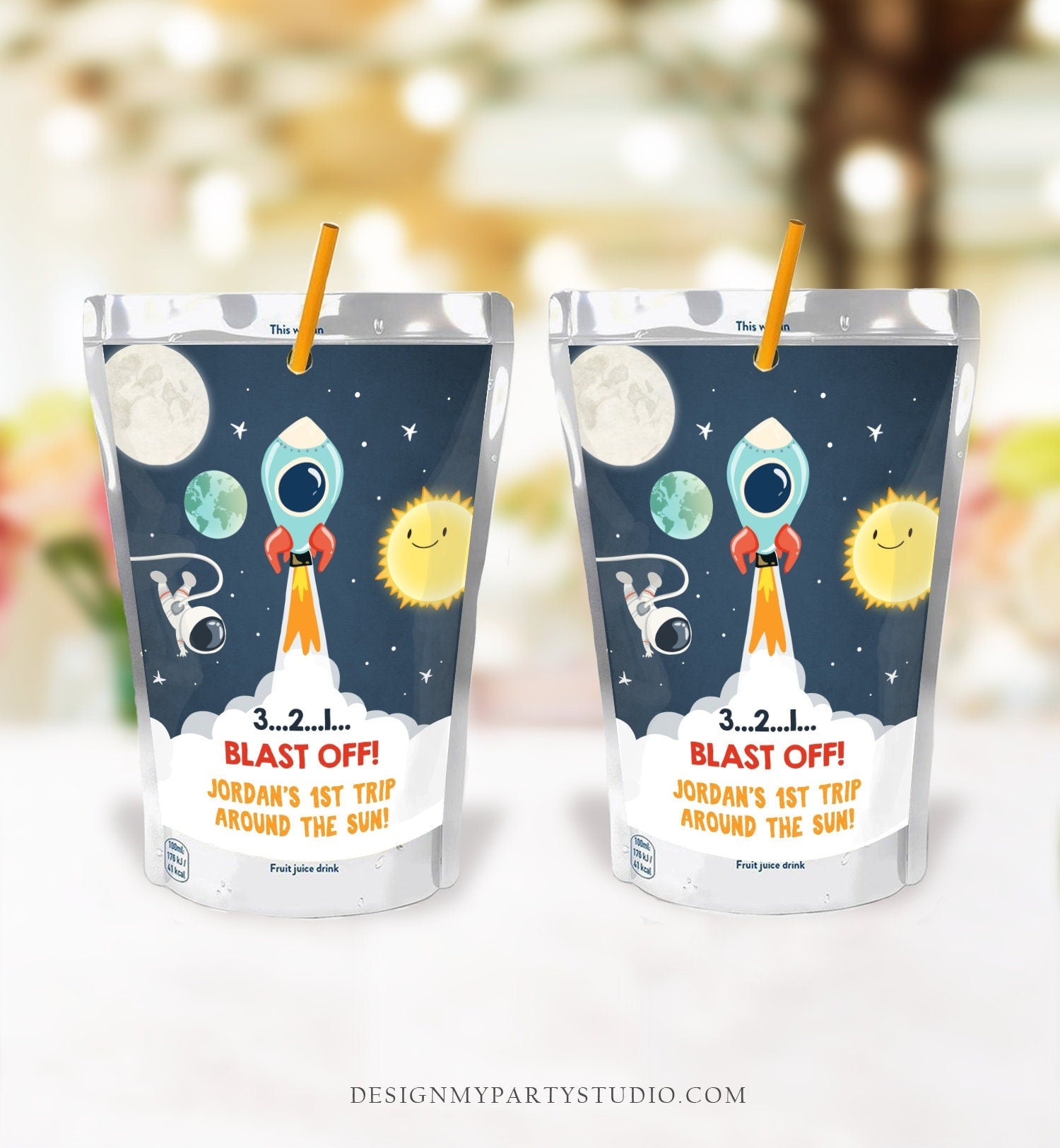 Editable Outer Space Juice Pouch Label Juice Favor Planets Astronaut Rocket Boy Birthday Blast Off Digital Download Template Printable 0046