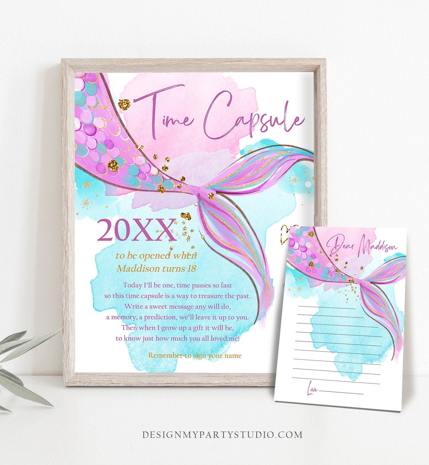Editable Mermaid Time Capsule First Birthday Party Watercolor Mermaid Tail Pink Gold Purple Guestbook Digital Template Printable 0403