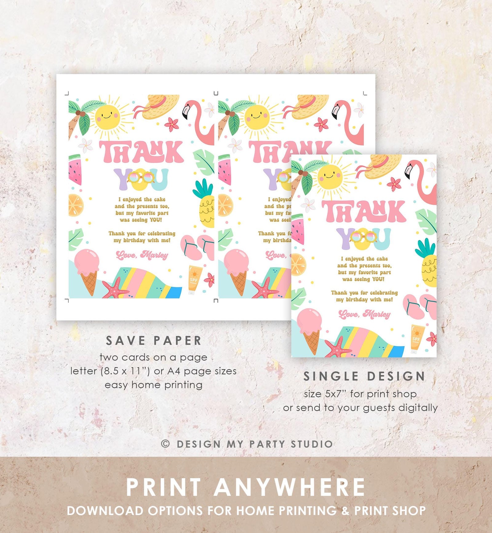 Editable Summer Thank You Card Two Cool Birthday Party Thank You Note Splish Splash Beach Pool Party Digital Template Printable 0465