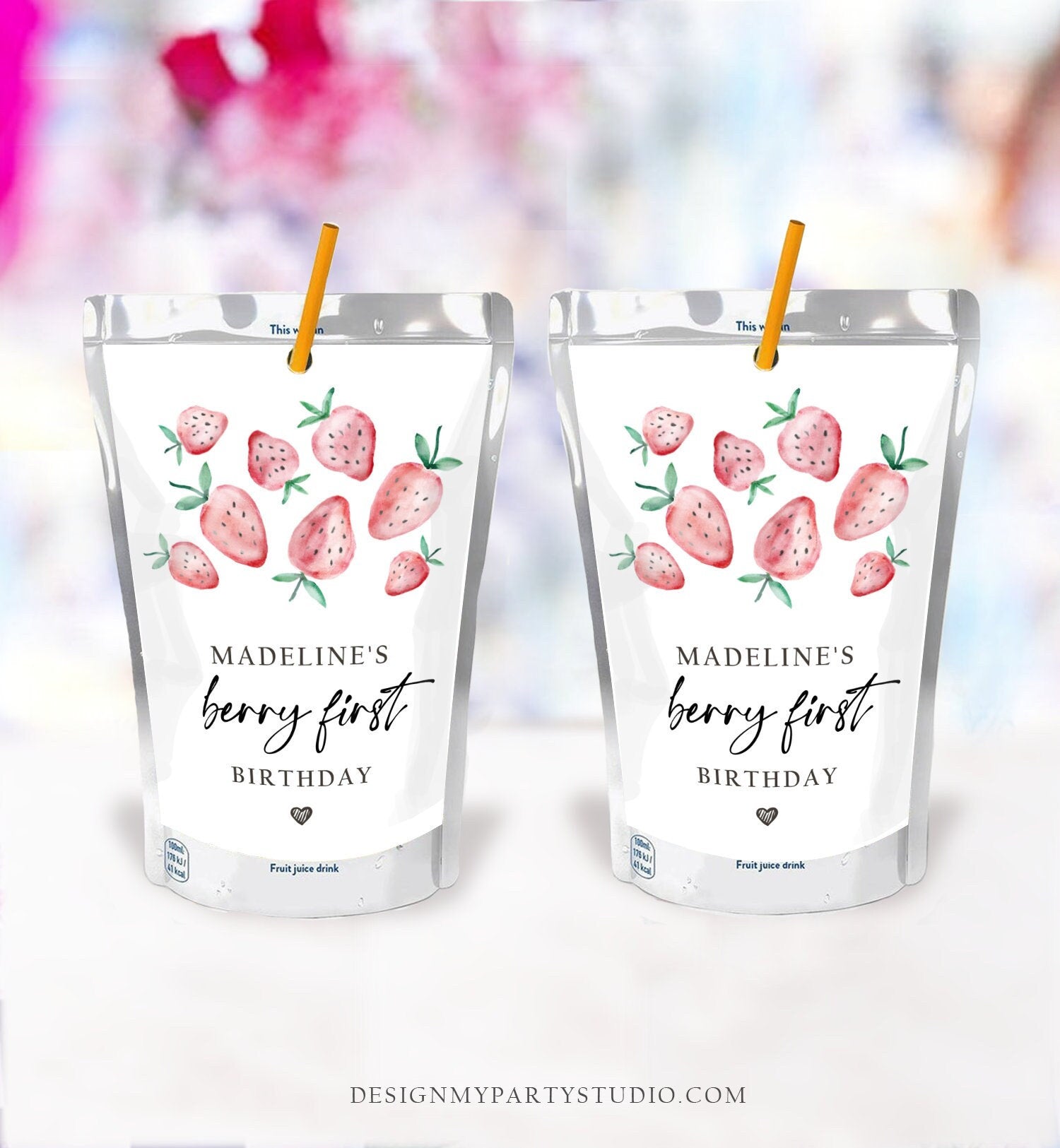 Editable Strawberry Juice Pouch Label Juice Favors Strawberry Birthday Party Girl Berry Sweet Digital Download Template Printable 0399
