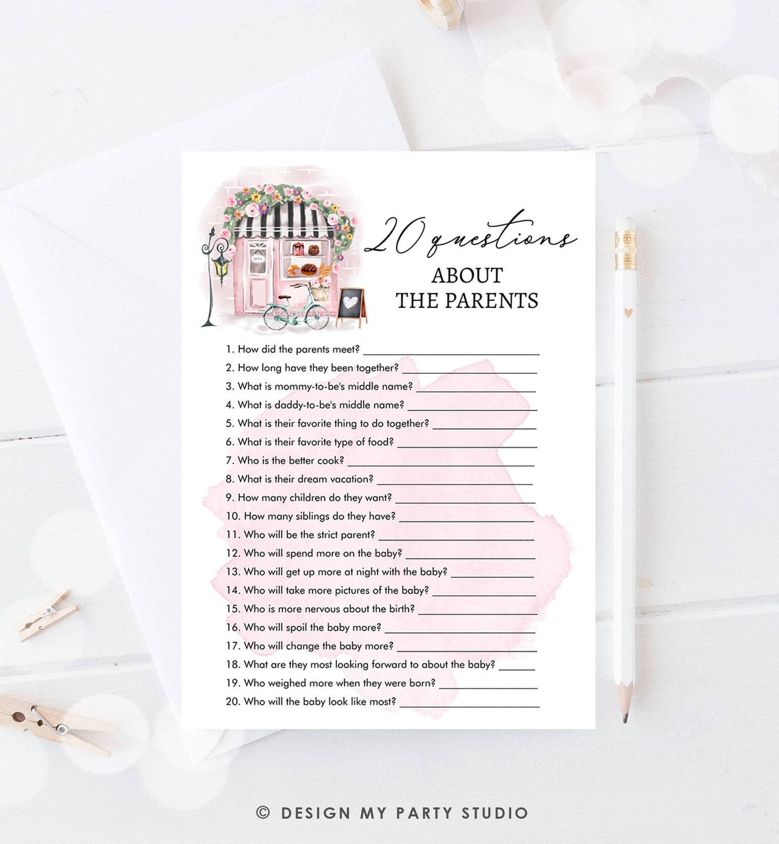 Editable Questions about the Parents Game Paris Baby Shower Bonjour Bebe French Patisserie Eiffel Tower Download Template Printable 0441