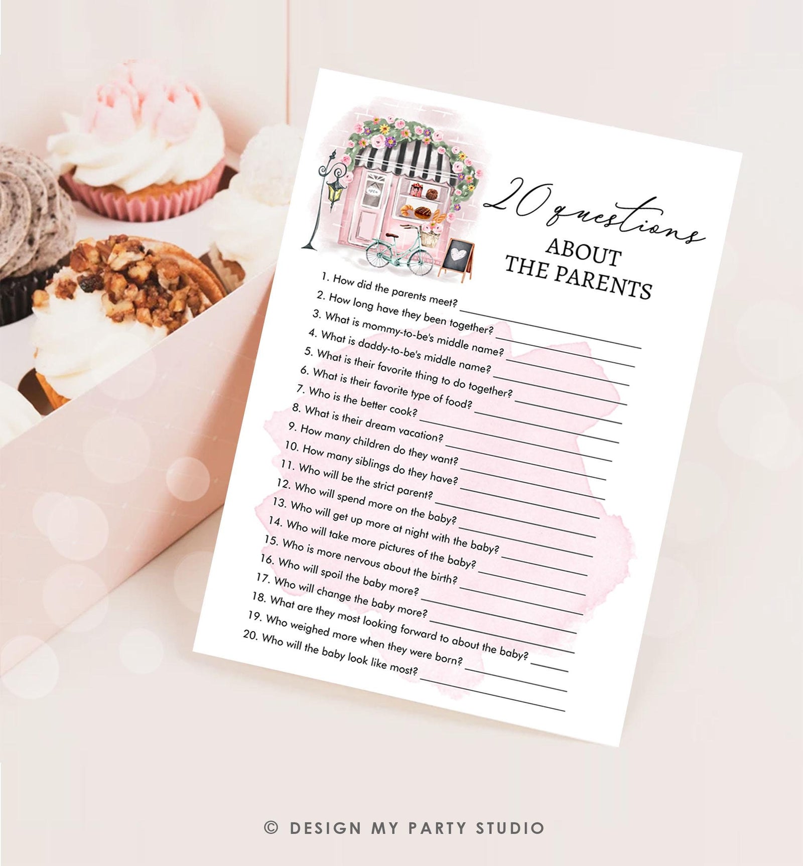 Editable Questions about the Parents Game Paris Baby Shower Bonjour Bebe French Patisserie Eiffel Tower Download Template Printable 0441