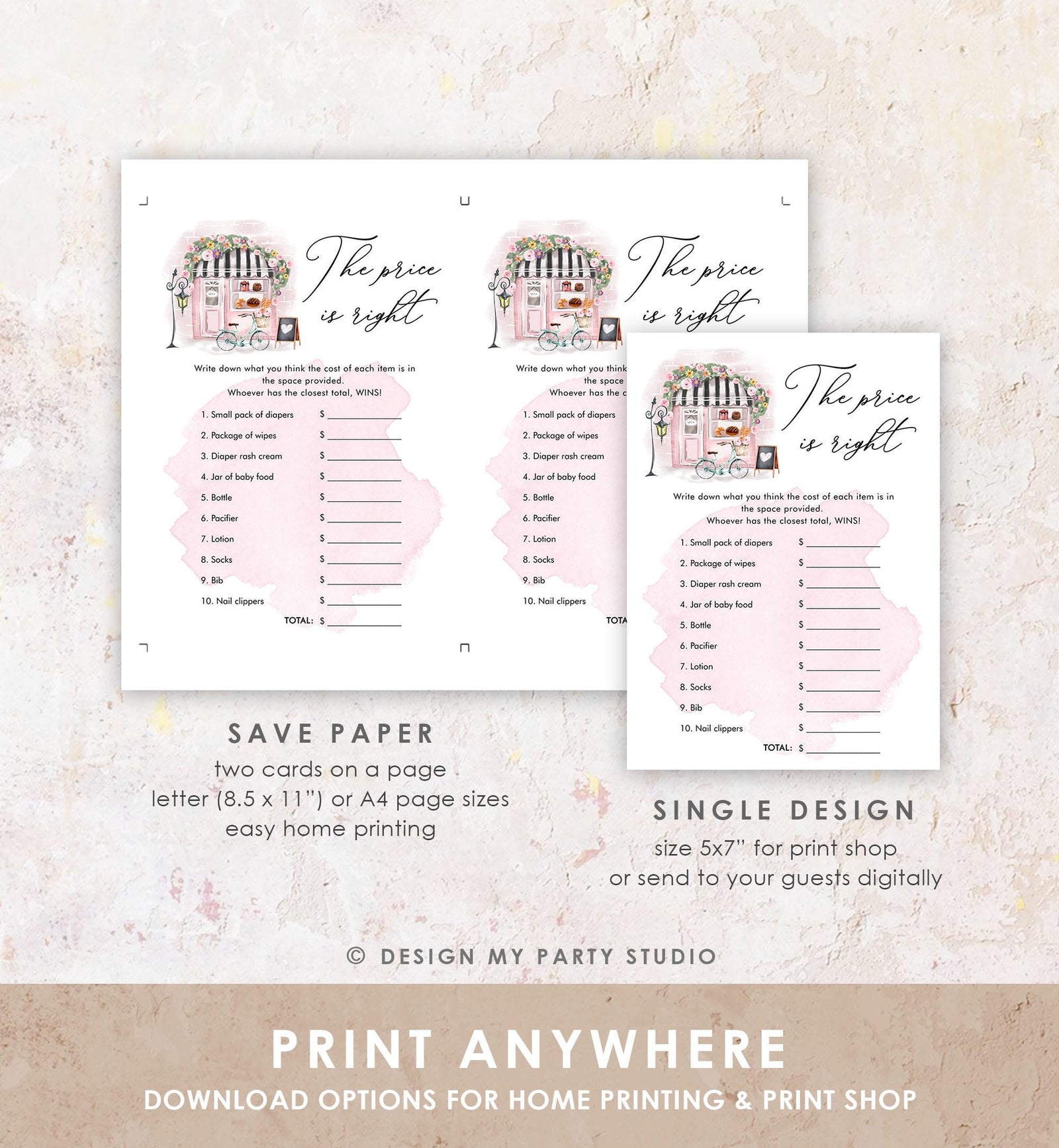 Editable The Price is Right Game Paris Baby Shower Bonjour Bebe French Patisserie Eiffel Tower Download Template Printable 0441