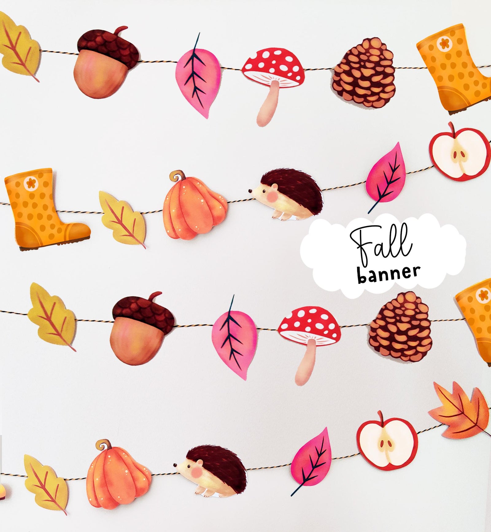 Fall Banner Autumn Banner Fall Garland Leaves Mushroom Nursery Classroom Decoration Party Decor Instant Download DIY Printable Digital 0516