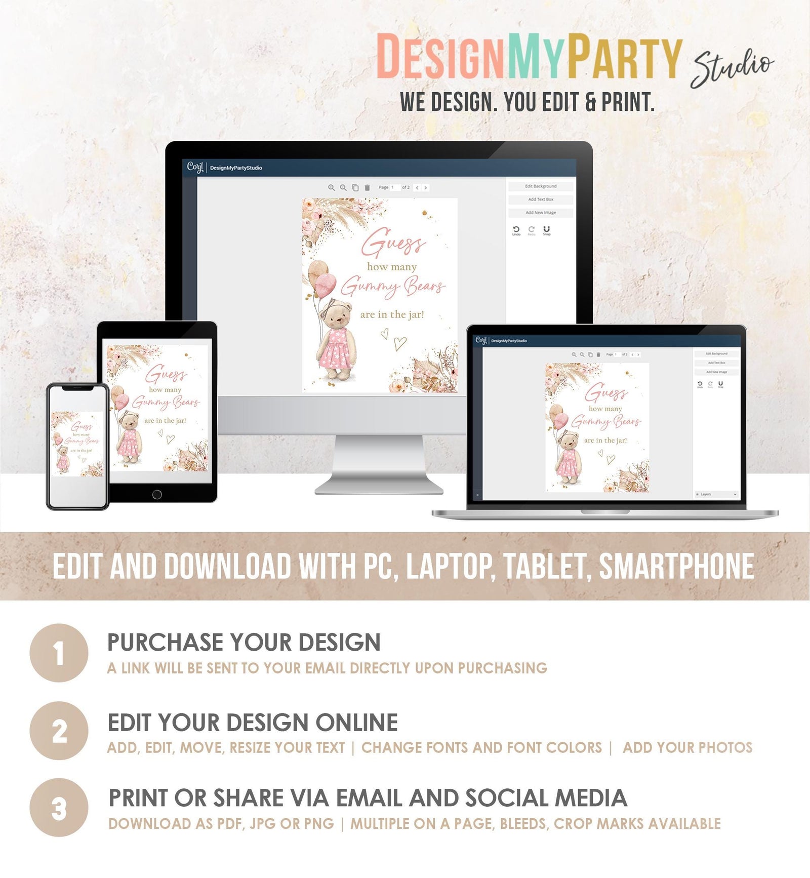 Editable Guess How Many Gummy Bears Are In The Jar Teddy Bear Girl Baby Shower Guessing Game Bearly Wait Download Template Printable 0421