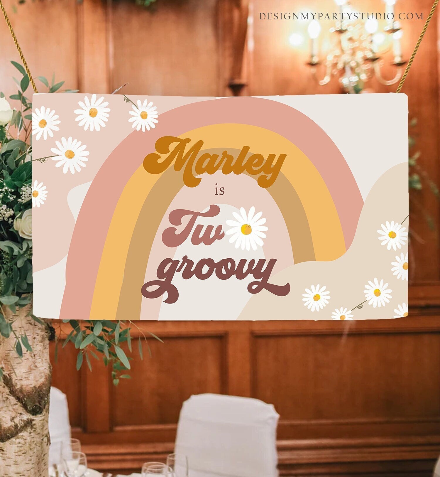 Editable Groovy Birthday Backdrop Two Groovy Birthday Girl Retro Daisy Party Festival Flower Power Boho Digital Template Printable 0428