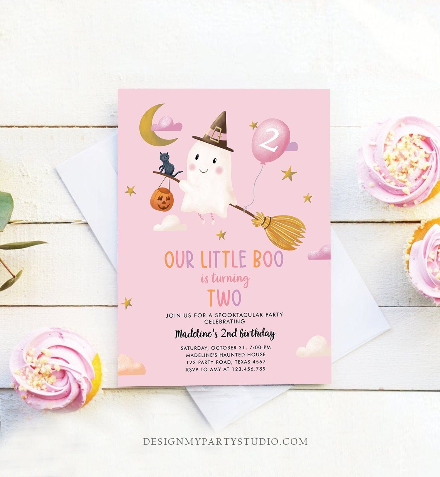 Editable Ghost Halloween 2nd Birthday Invitation Pink Costume Party Girl Pink Boo Spooktacular Spooky Download Template Printable 0479 0009