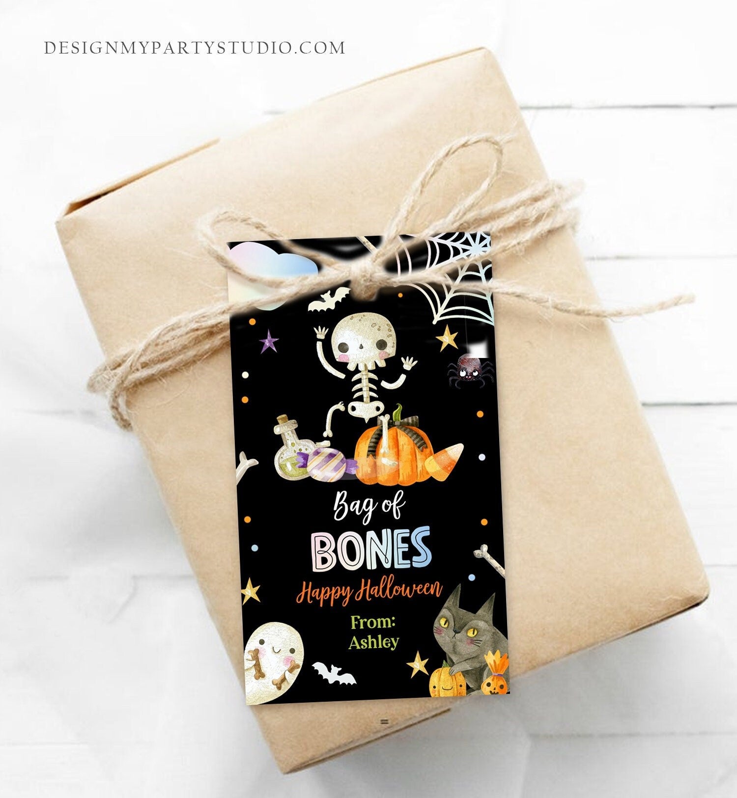 Editable Halloween Gift Tag Skeleton Gift Tags Trick Or Treat Halloween School Treat Bag of Bones Digital Download Template Printable 0261