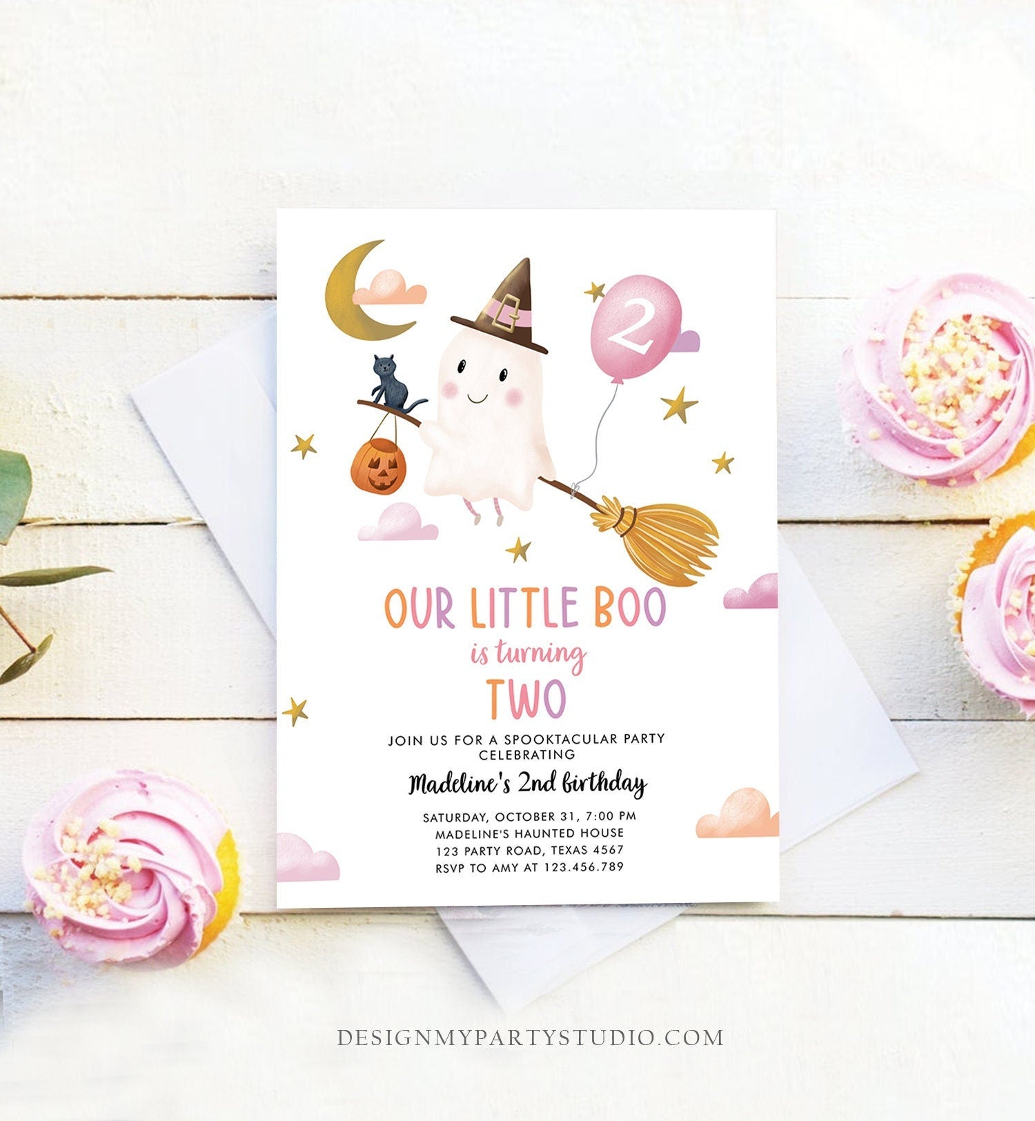 Editable Halloween 2nd Birthday Invitation Pink Ghost Costume Party Girl Pink Boo Spooktacular Spooky Download Template Printable 0479 0009