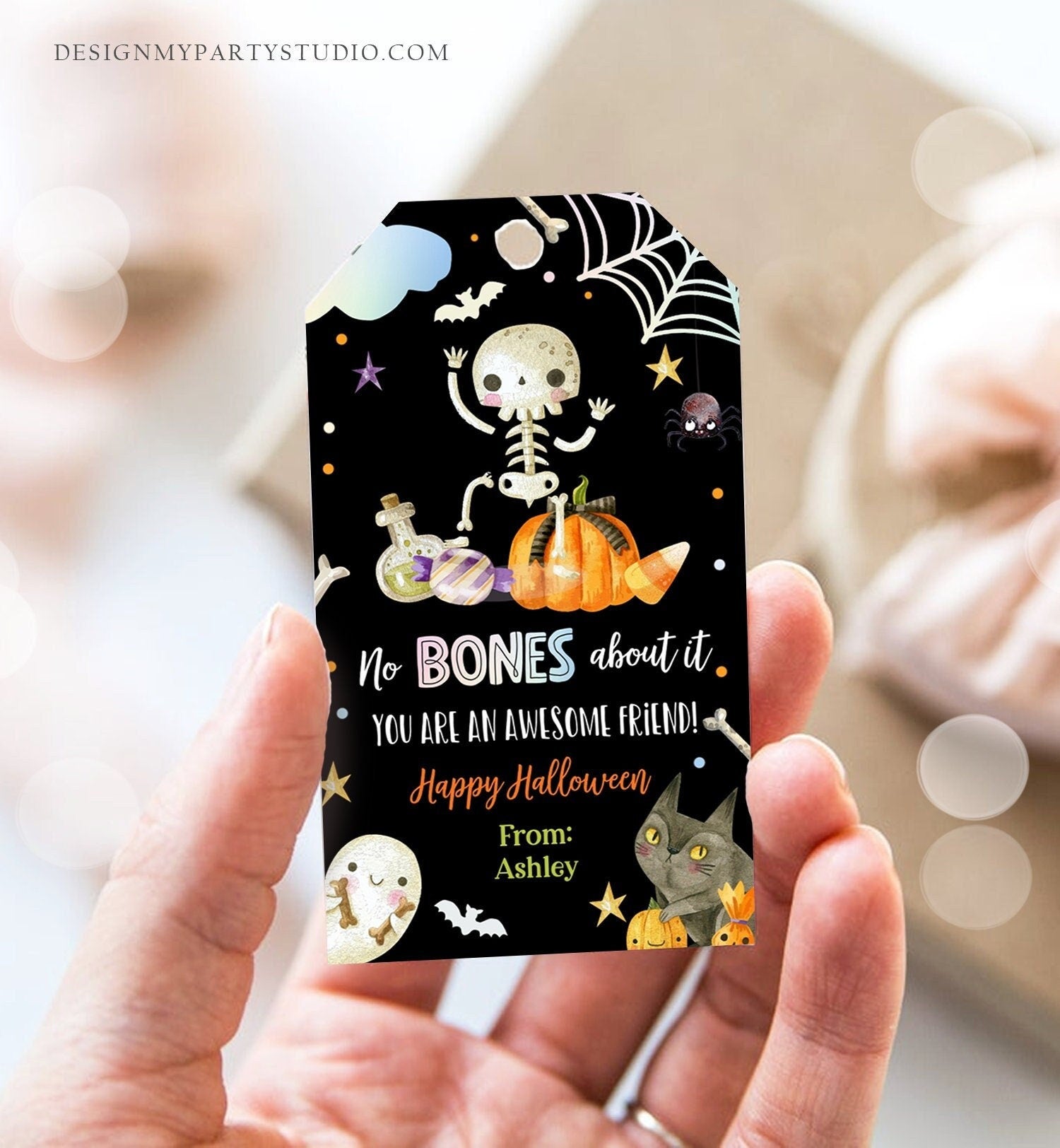 Editable Halloween Gift Tag Skeleton Gift Tag No Bones About It Friend School Treat Skull Favors Digital Download Template Printable 0261