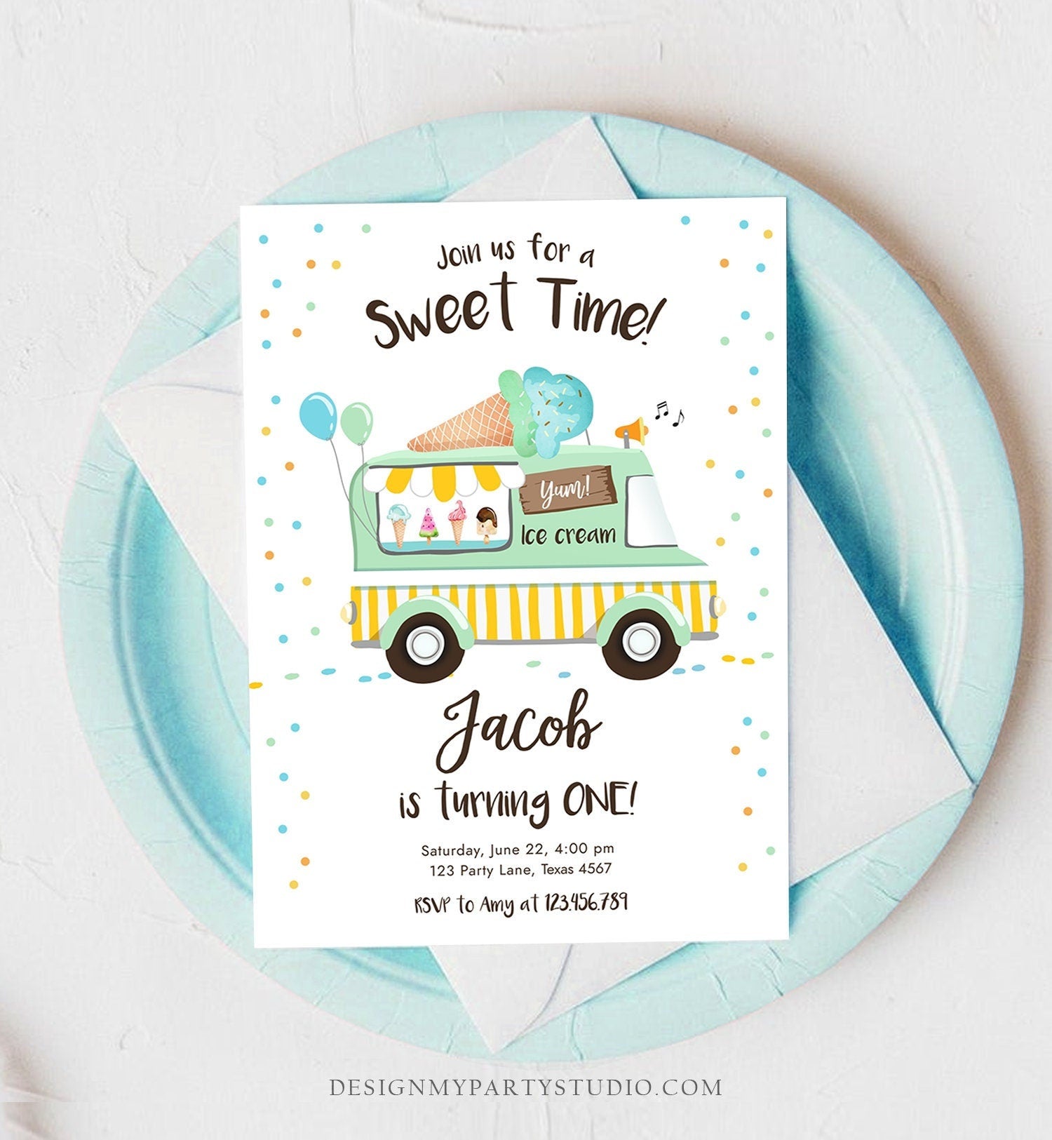 Editable Ice Cream Truck Birthday Invitation Ice Cream Birthday Party Cone Boy Girl Mint Yellow Summer Twin Digital Template Printable 0243
