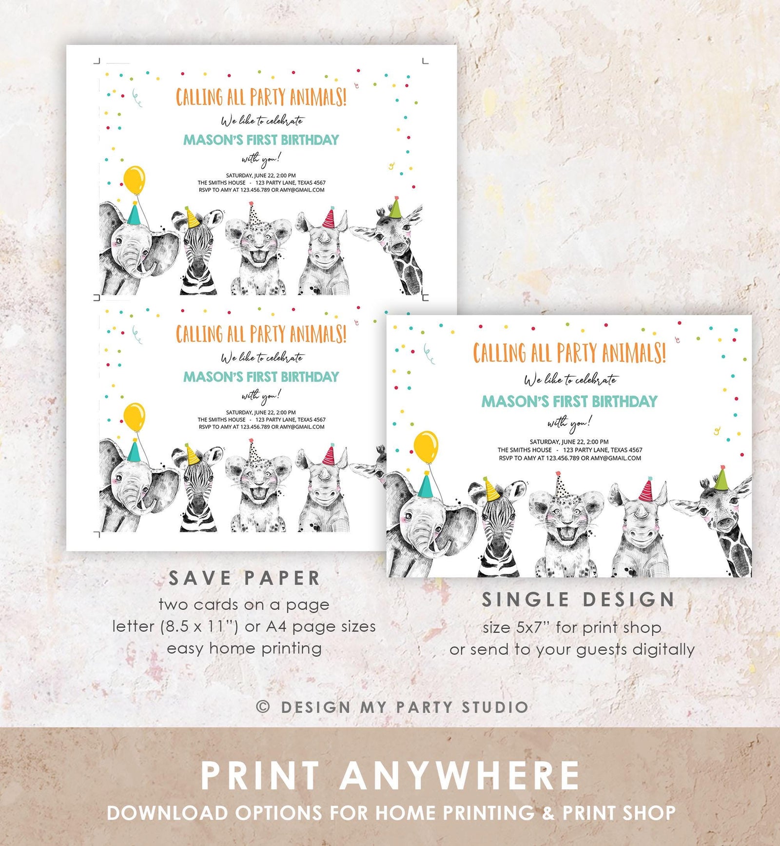 Editable Party Animals Birthday Invitation Wild One Animals Invitation Zoo Safari Animals Boy Instant Download Printable Evite Template 0390