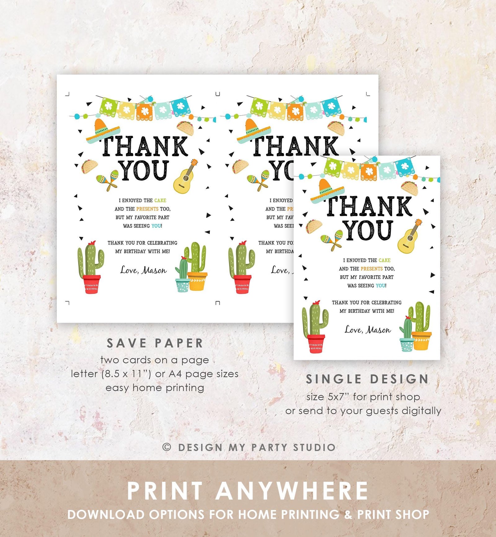 Editable Fiesta Thank You Card Birthday Taco Bout Bridal Shower Baby Cactus Succulent Mexican First Fiesta Digital Template Printable 0161