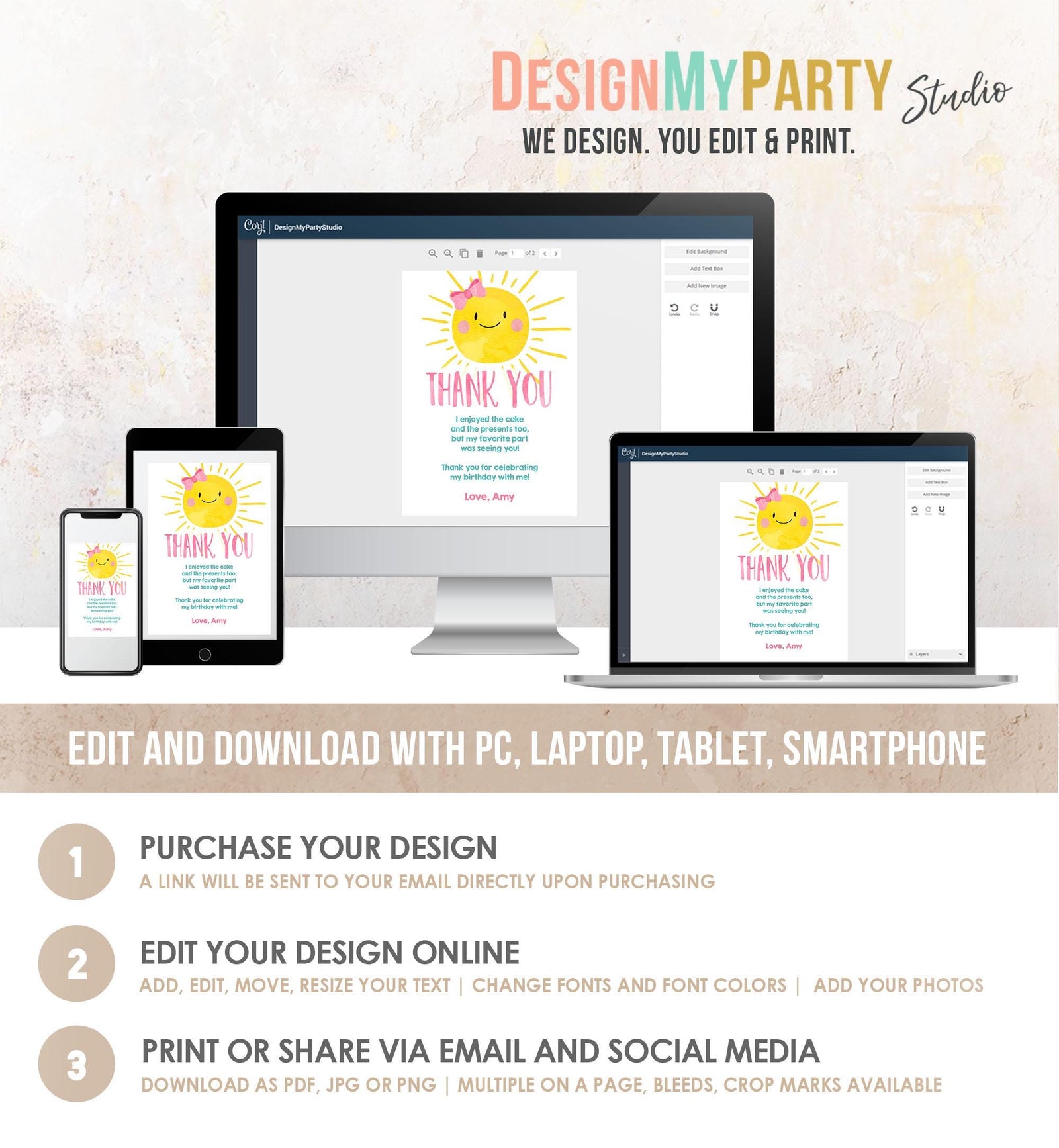 Editable Little Sunshine Thank You Card Birthday Party Pink Girl Around the Sun Baby Shower First Birthday Digital Template Printable 0141