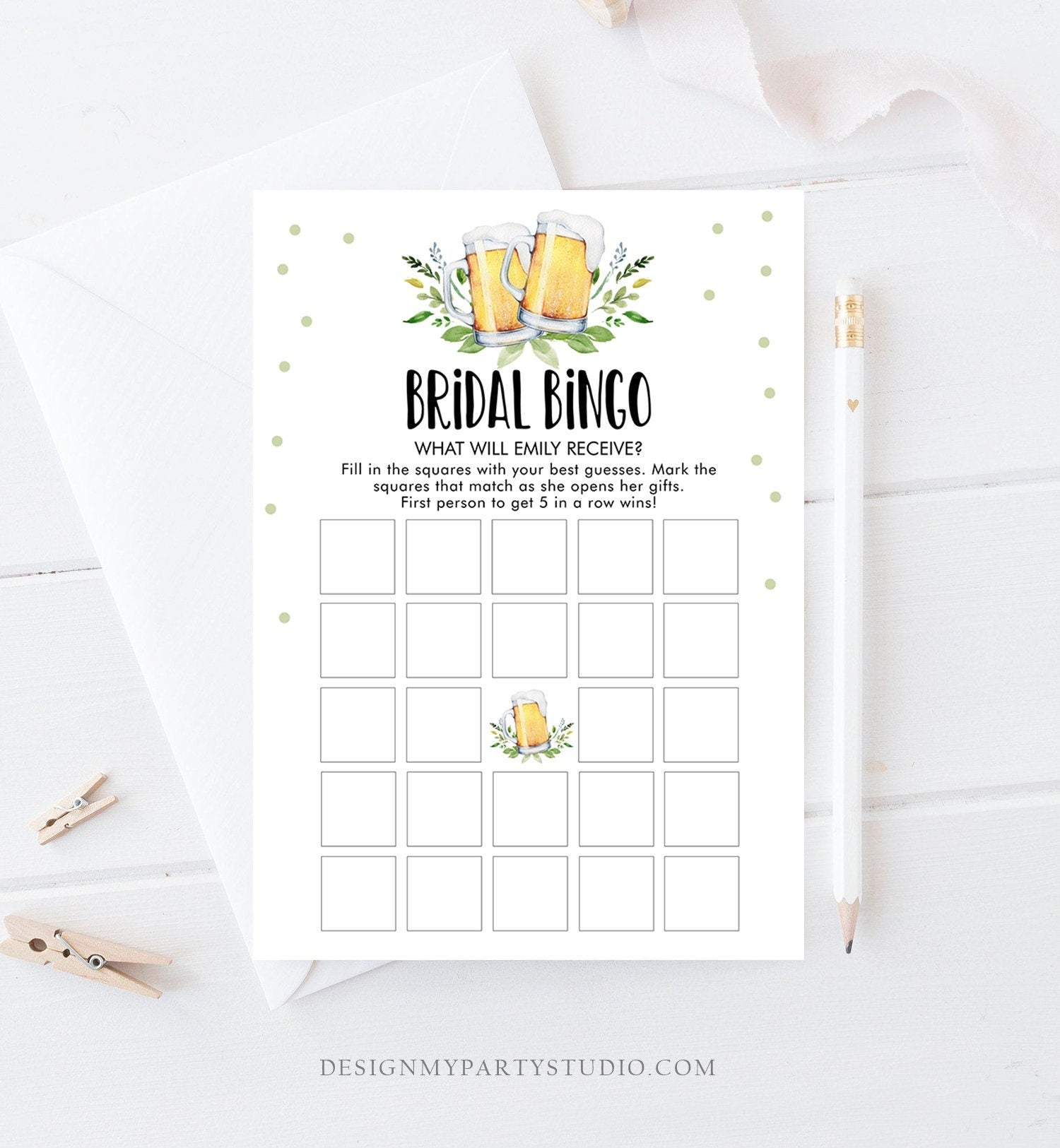 Editable Bingo Bridal Shower Game Wedding Shower Activity Love is Brewing Greenery Rustic Beer Couples Digital Template Printable 0190