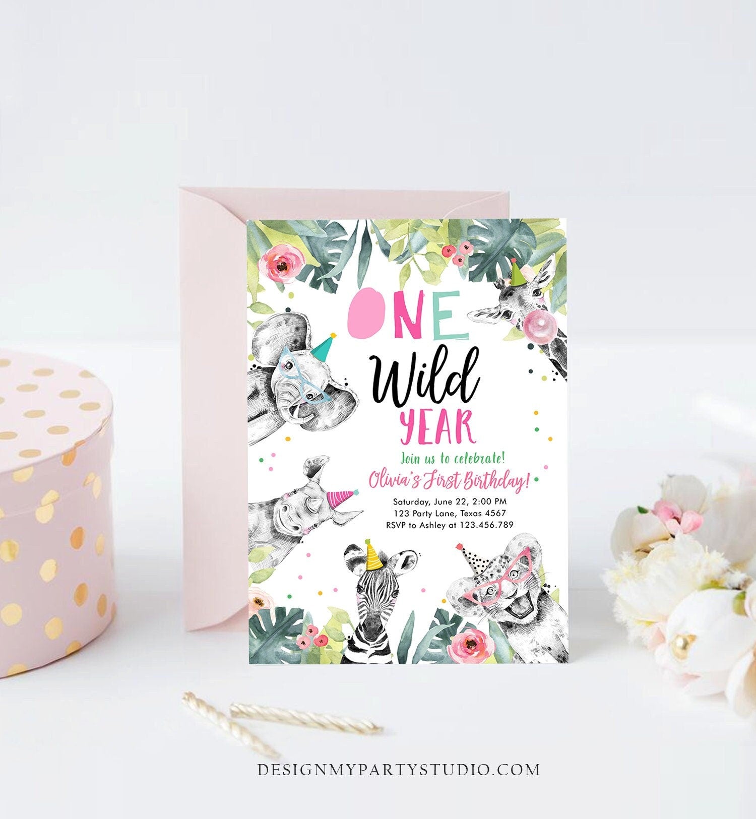 Editable One Wild Year Birthday Invitation Safari Party Animals Girl Pink First Birthday Wild One Monochrome Digital Template Printable 0322